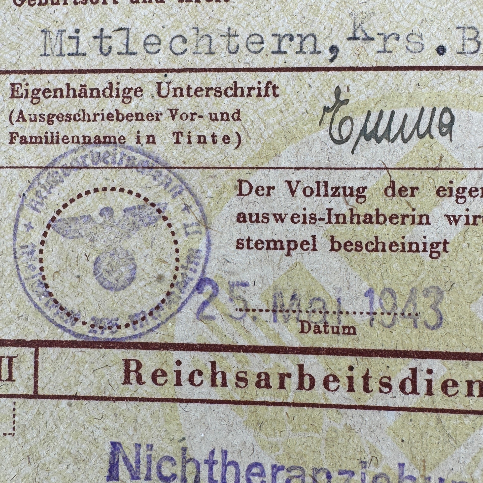 WW2 original artifact – Reichsarbeitsdienst (RAD) Pflichtausweis – interior title page