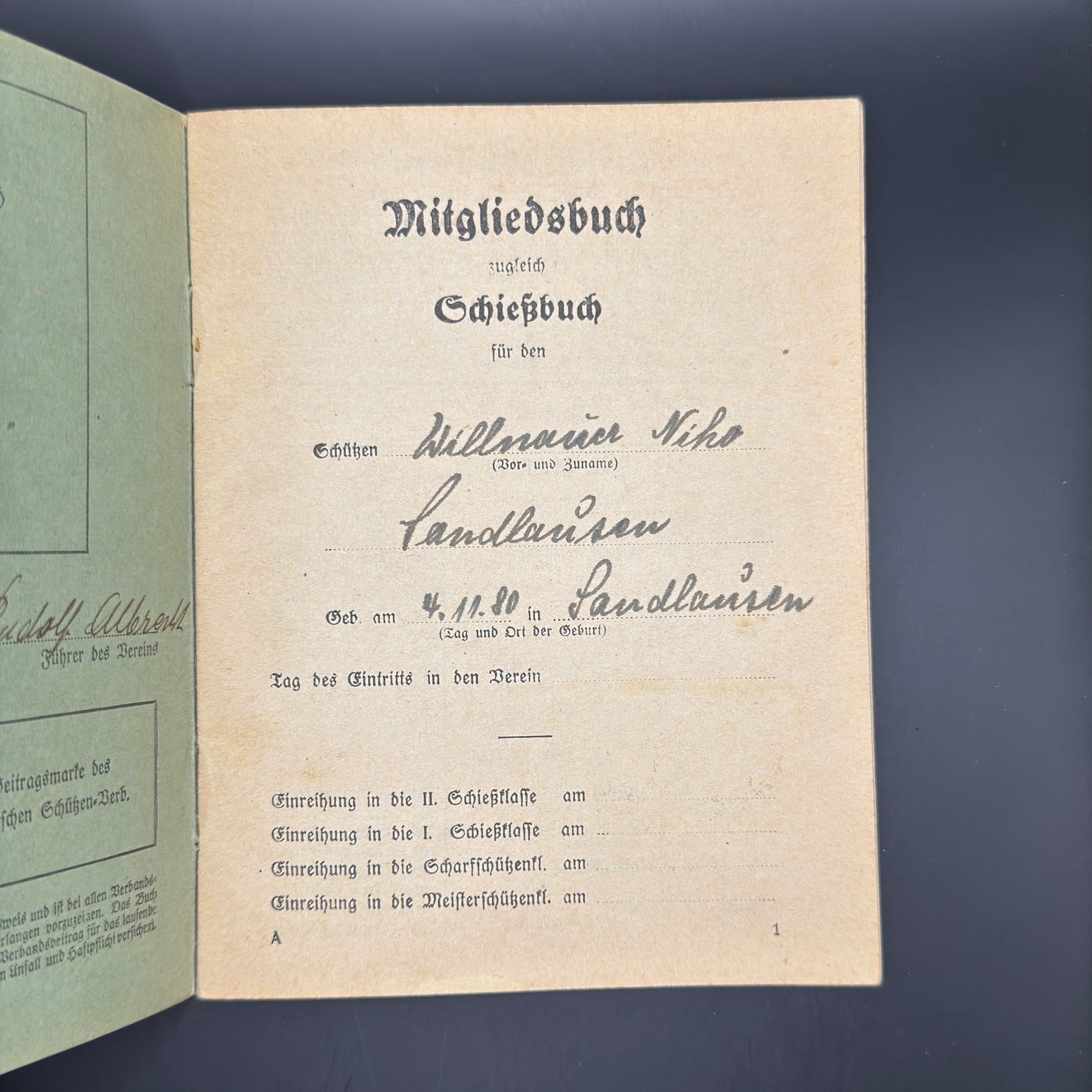 WW2 original artifact – Shooting book (Schiessbuch) 1938 – interior title page