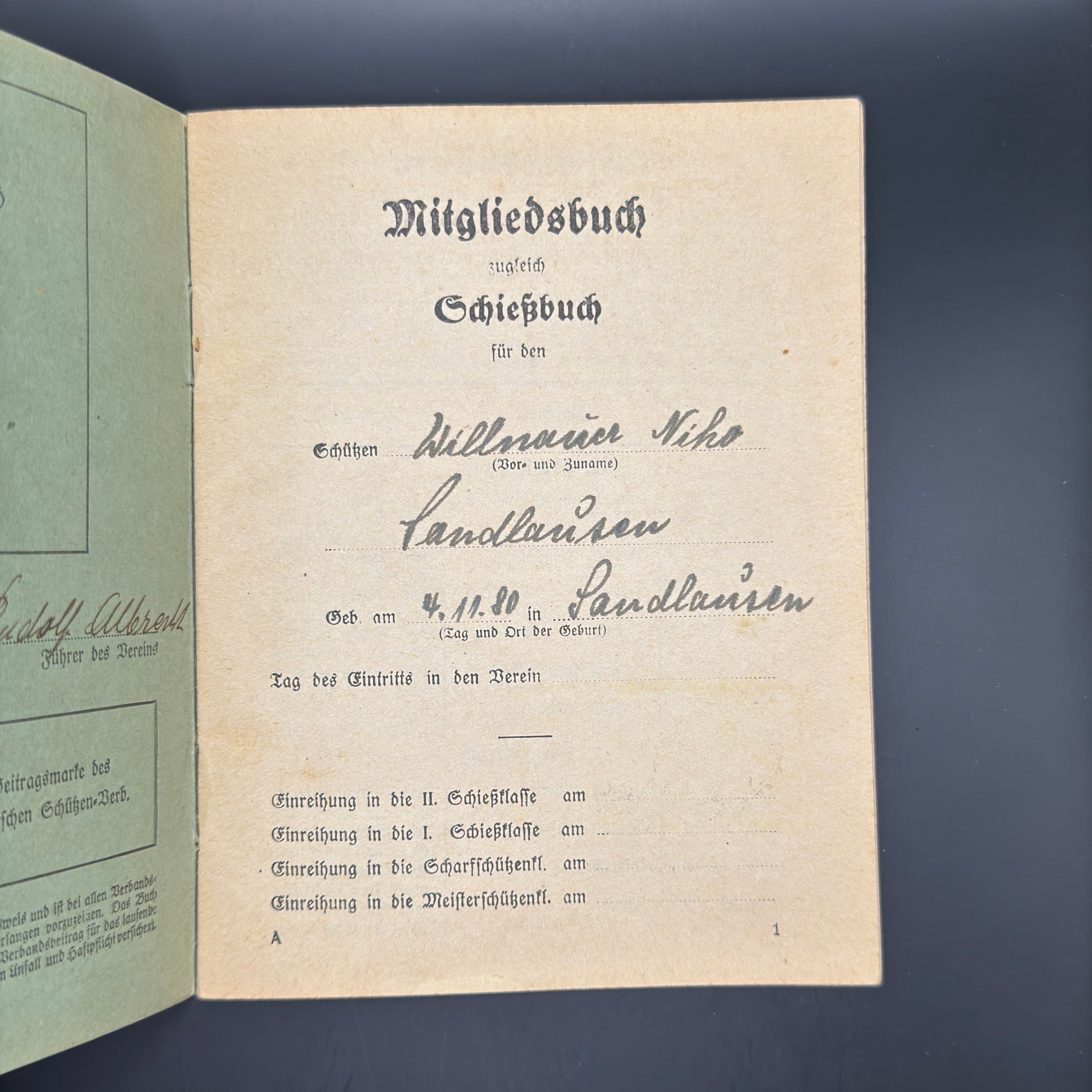 WW2 original artifact – Shooting book (Schiessbuch) 1938 – interior title page