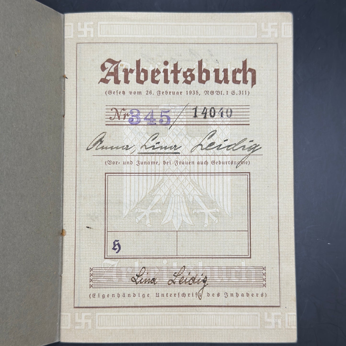 WW2 original artifact – Arbeitsbuch 1936 – interior page