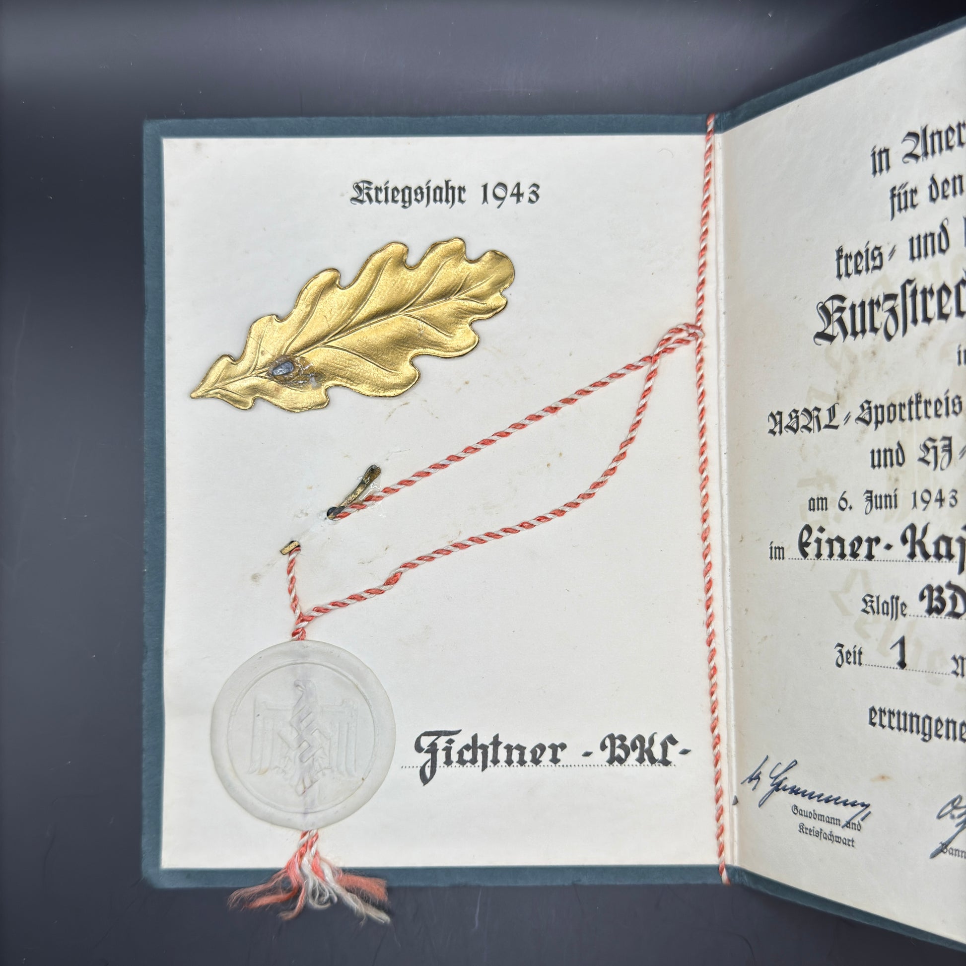 WW2 original artifact – German NSRL Sports Certificate – interior page