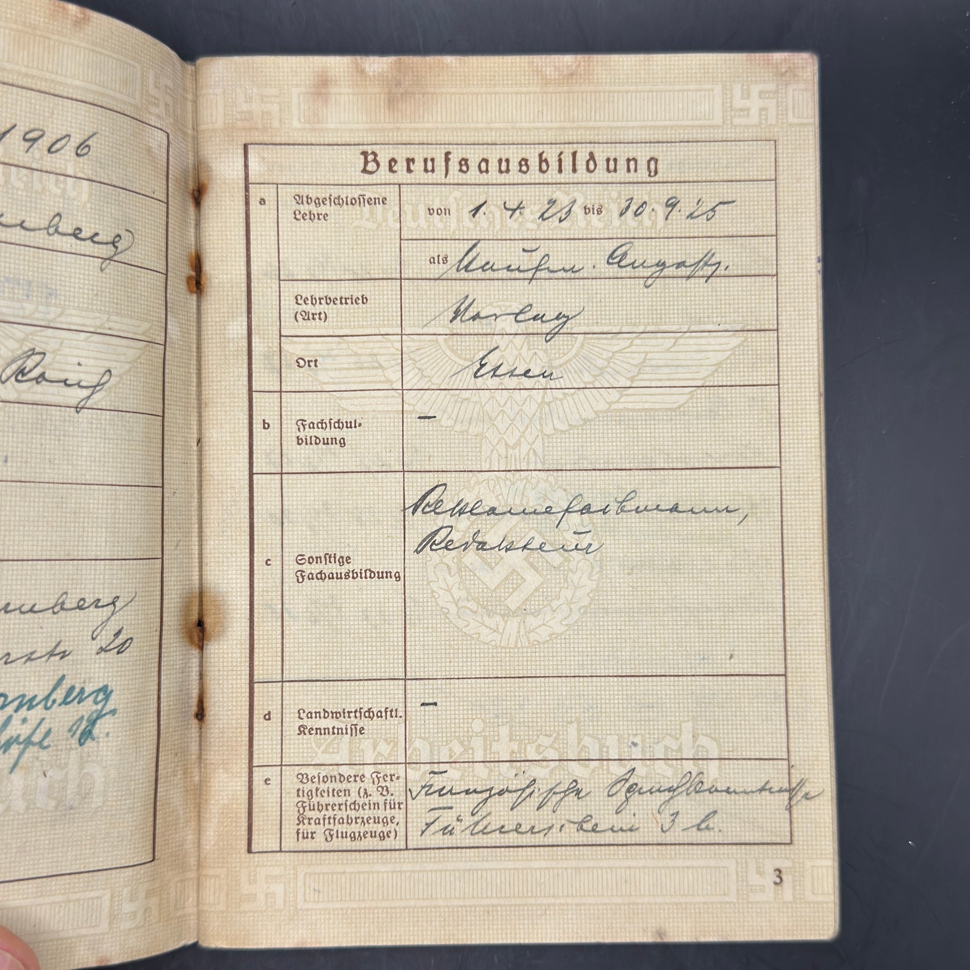 WW2 original artifact – Arbeitsbuch Flakkaserne Essen-Kupferdreh – interior page