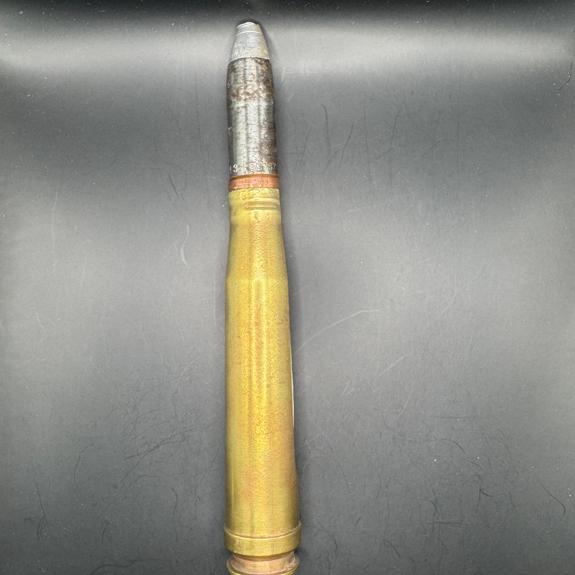 WW2 original artifact – 20mm FLAK High-Explosive Round with Dissected Tracer – interior detail