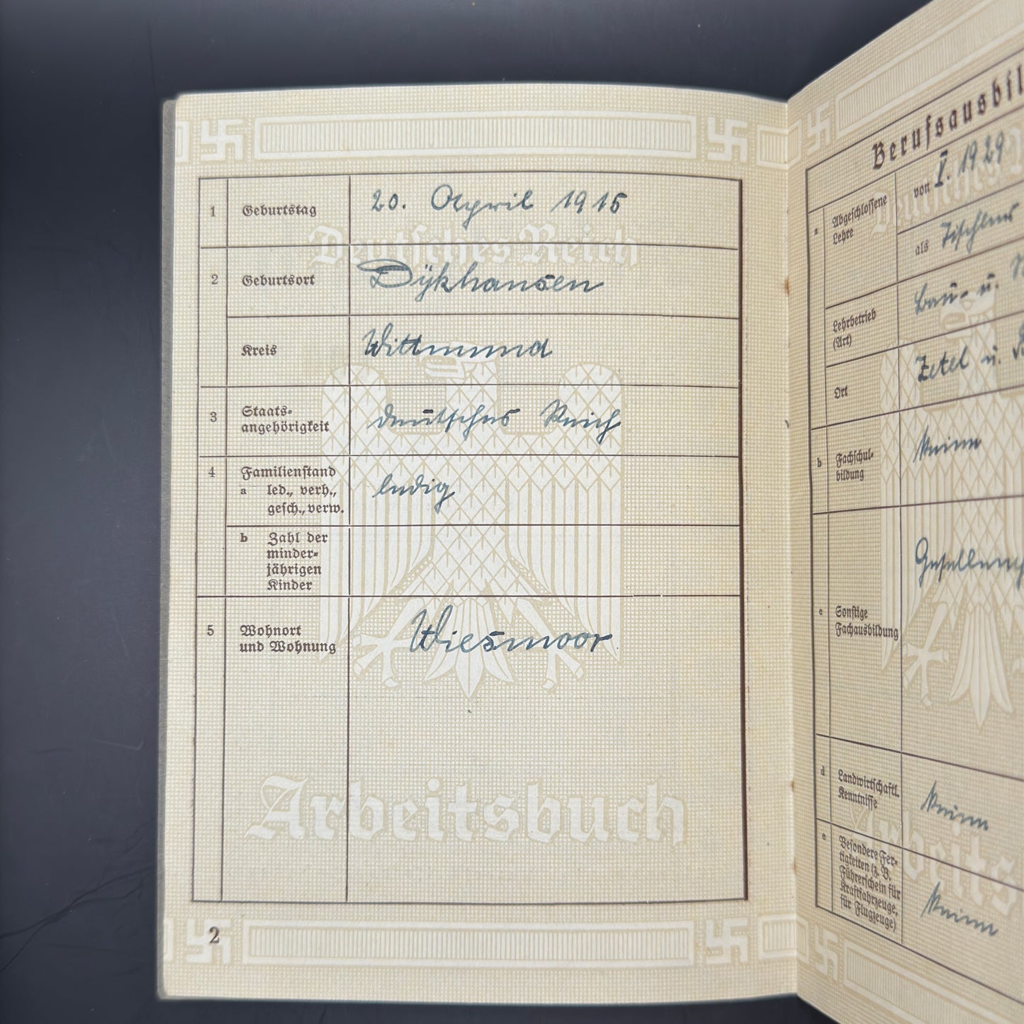 WW2 original artifact – Arbeitsbuch aus Emden – interior title page