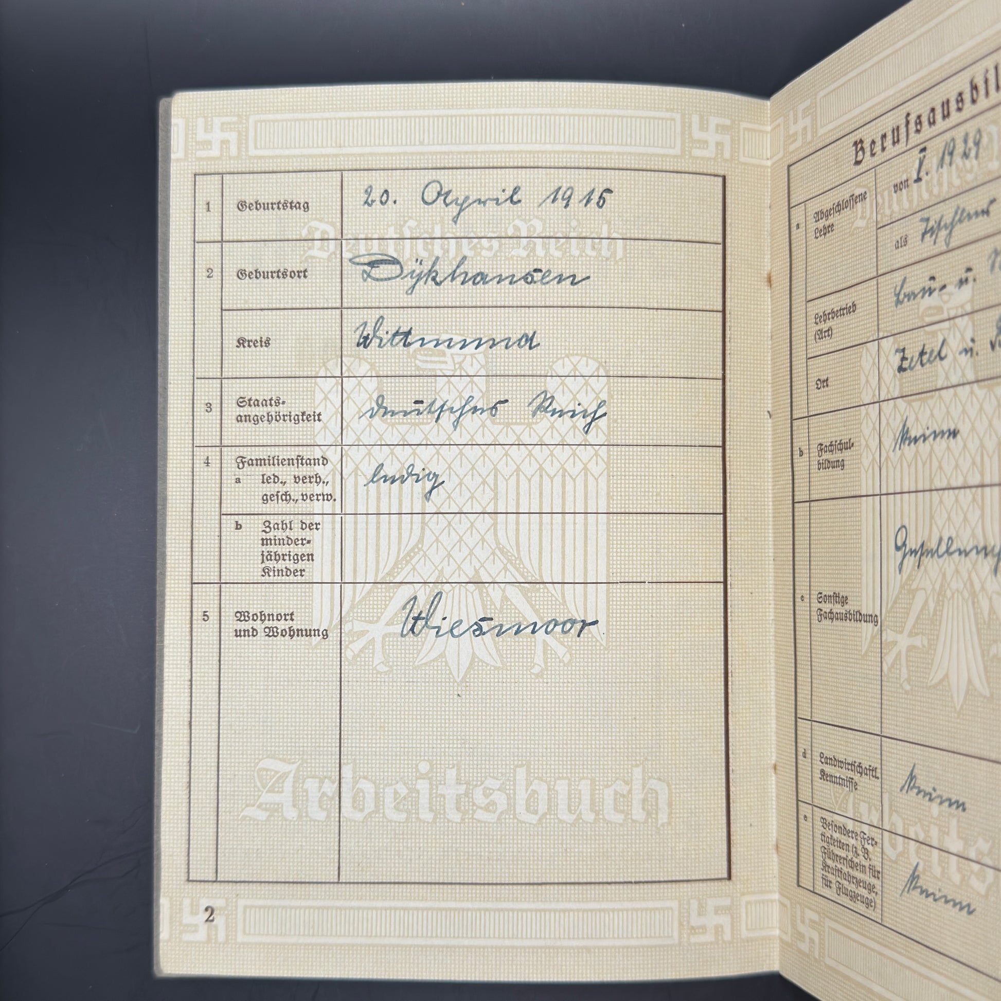 WW2 original artifact – Arbeitsbuch aus Emden – interior title page