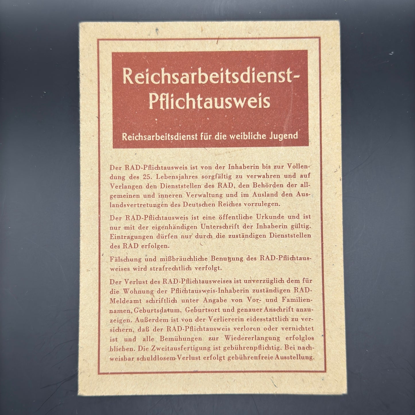 WW2 original artifact – Reichsarbeitsdienst (RAD) Pflichtausweis – AxisArtifacts