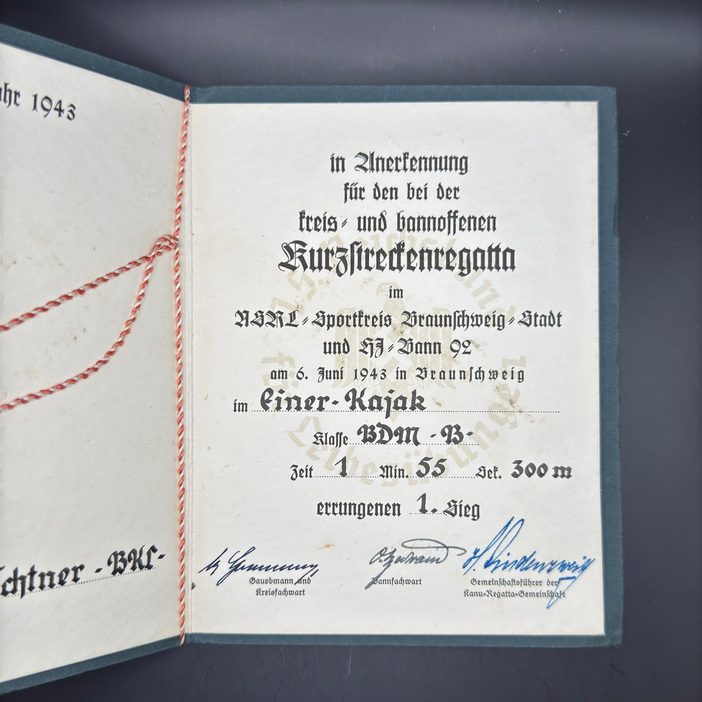 WW2 original artifact – German NSRL Sports Certificate – interior page