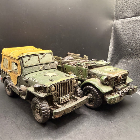 WW2 original artifact – 2x WW2 U.S. Resin Vehicles – by P.I.S.C. – Mint Condition – AxisArtifacts