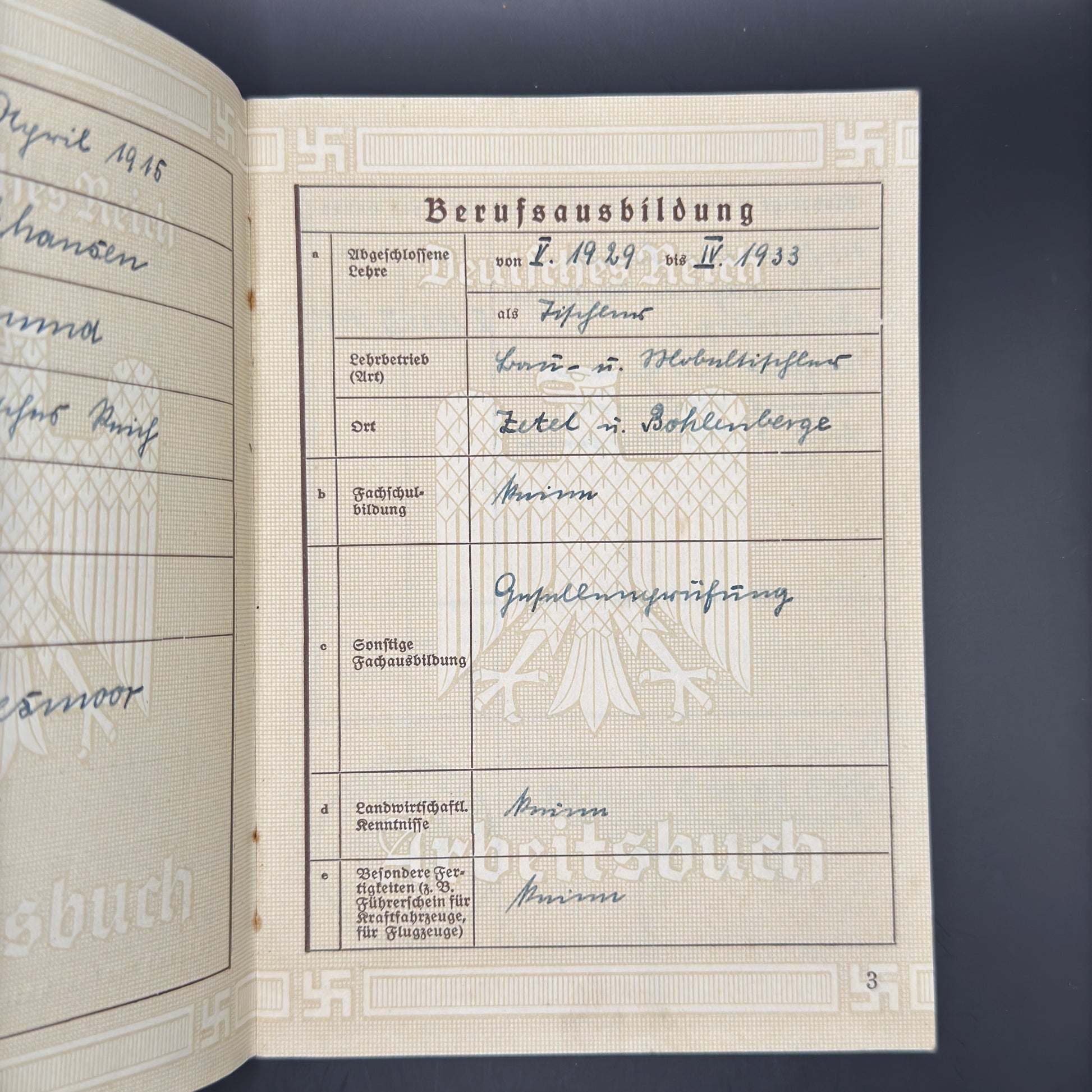 WW2 original artifact – Arbeitsbuch aus Emden – interior page