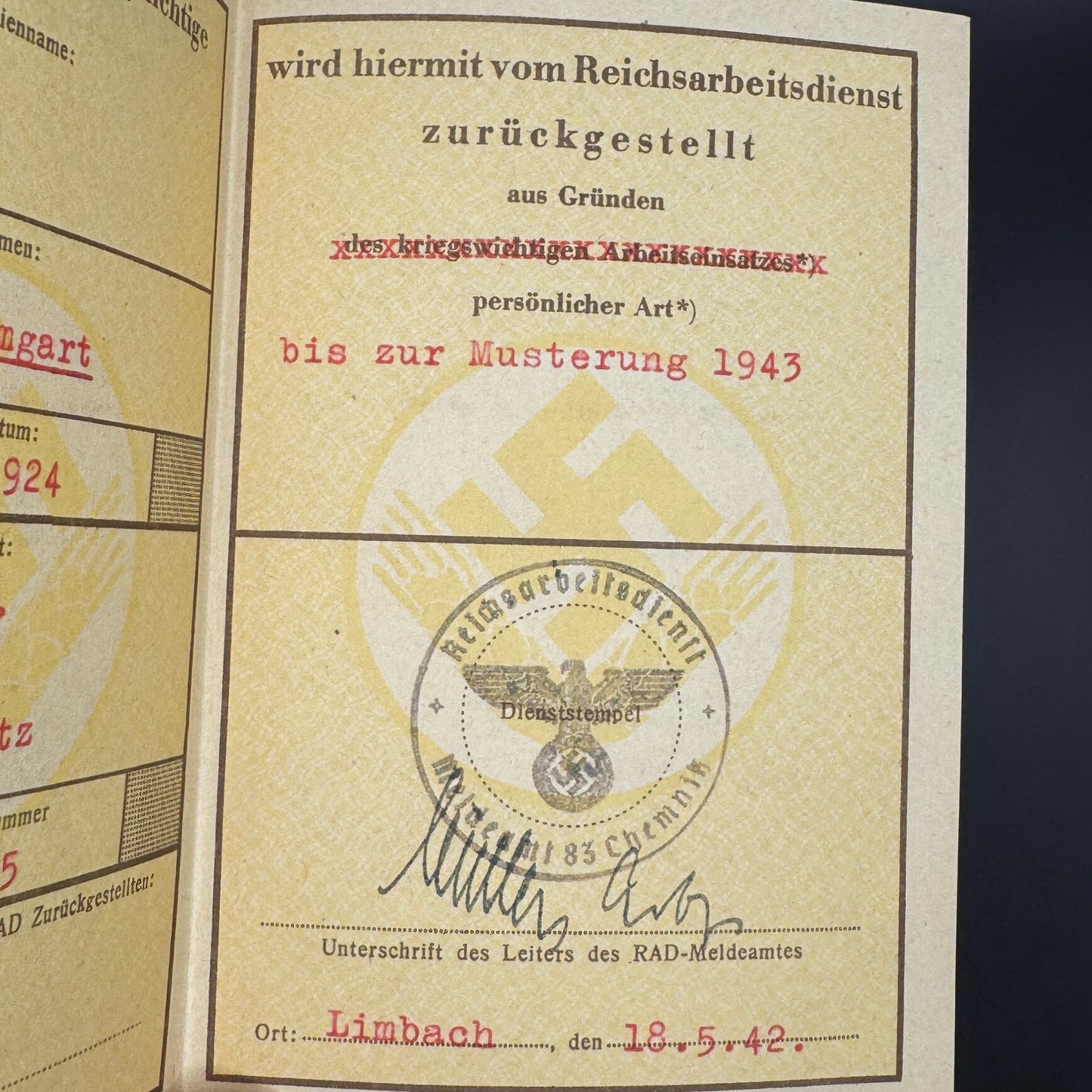 WW2 original artifact – Zurückstellungsschein RAD Weibliche Jugend – interior detail