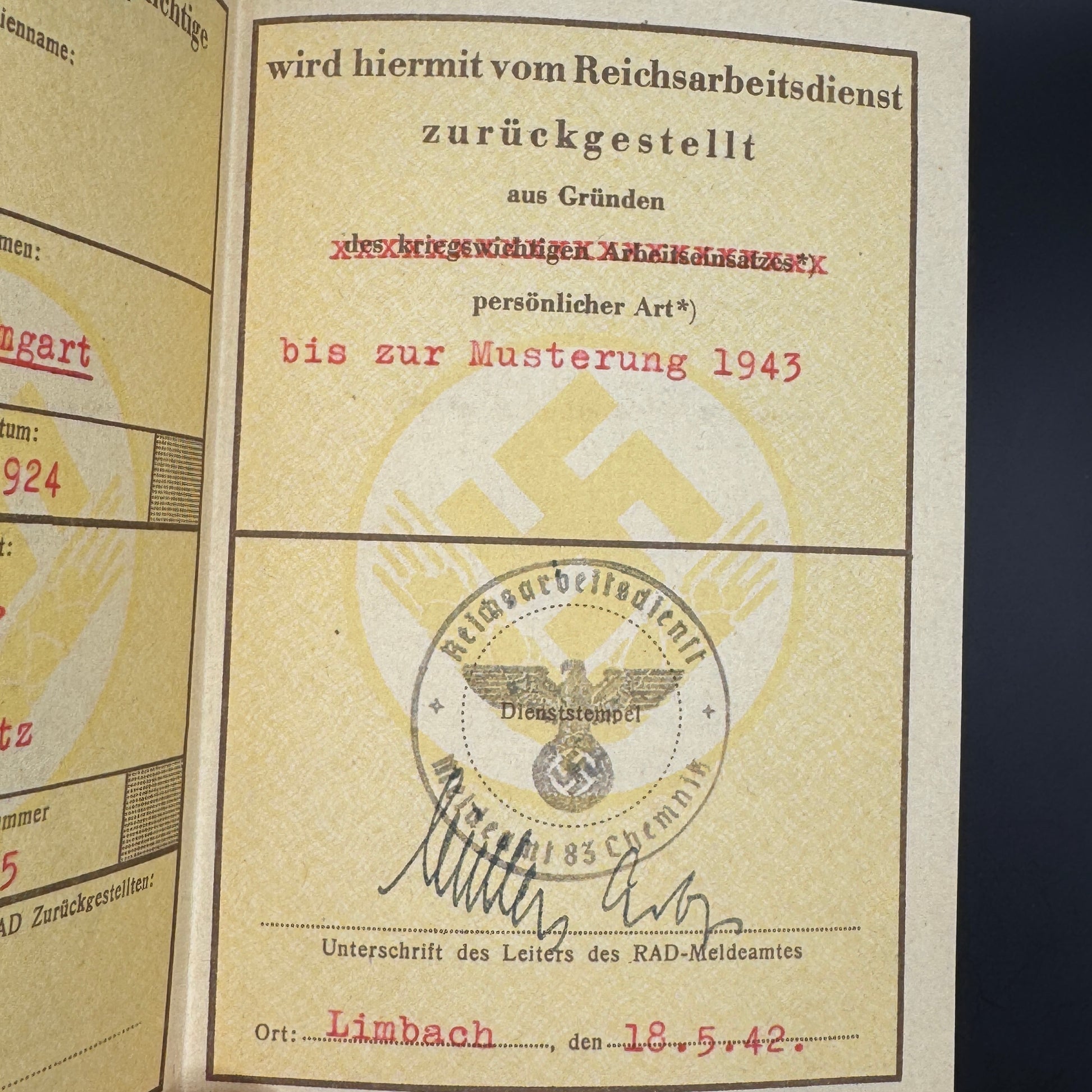 WW2 original artifact – Zurückstellungsschein RAD Weibliche Jugend – interior detail