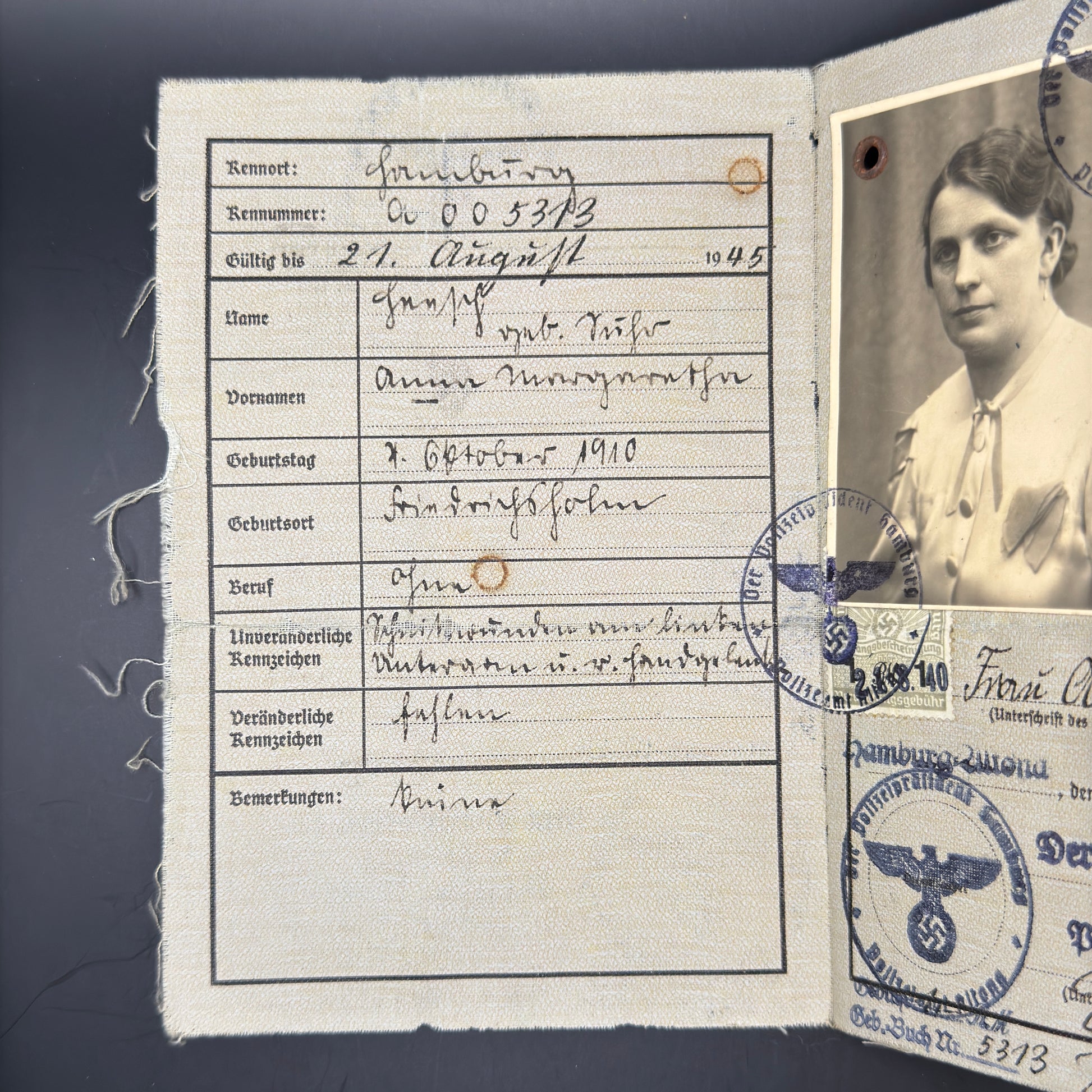 WW2 original artifact – Kennkarte 1940 – interior detail