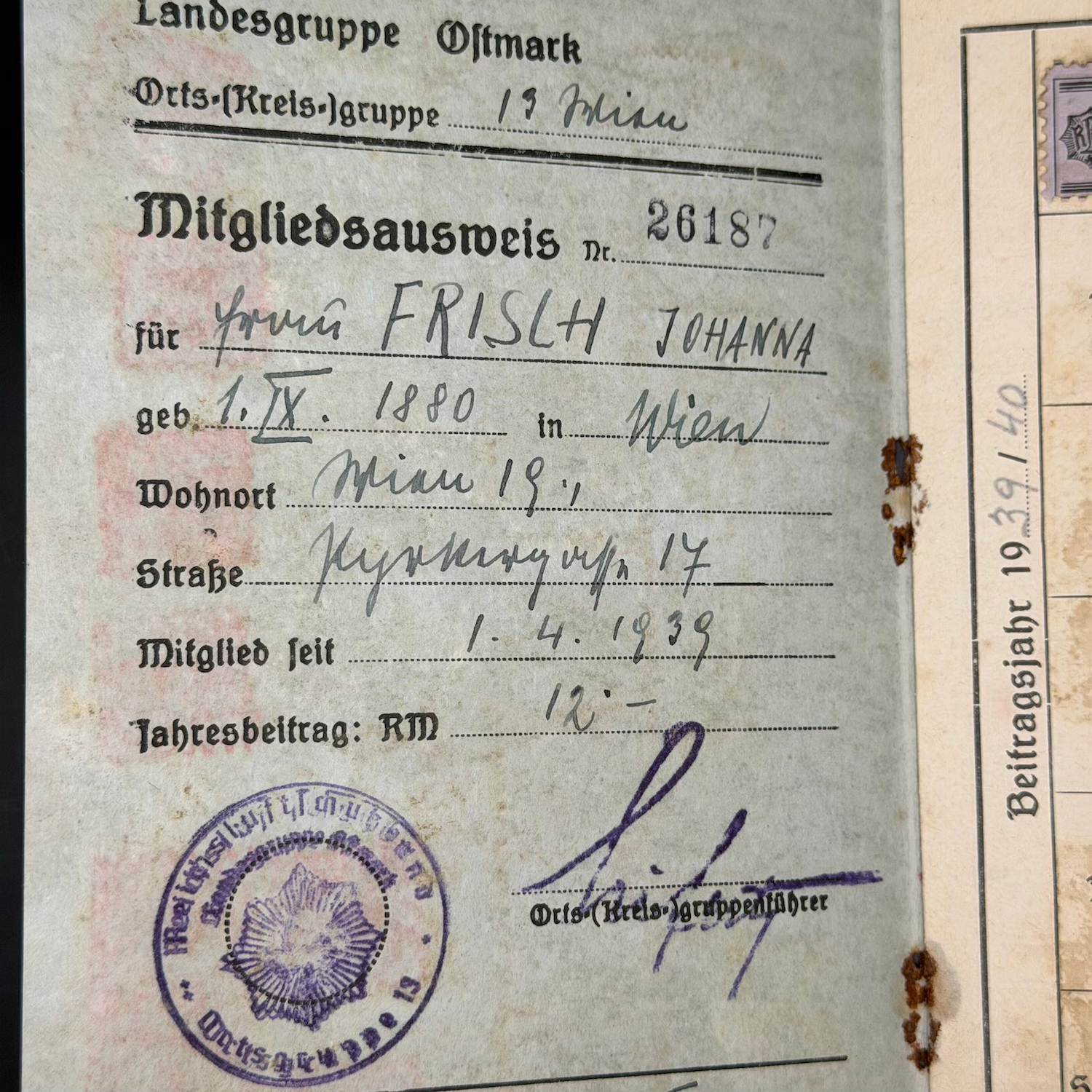 WW2 original artifact – Reichsluftschutzbund (RLB) Membership Booklet (Austria 1939–1944) – interior page