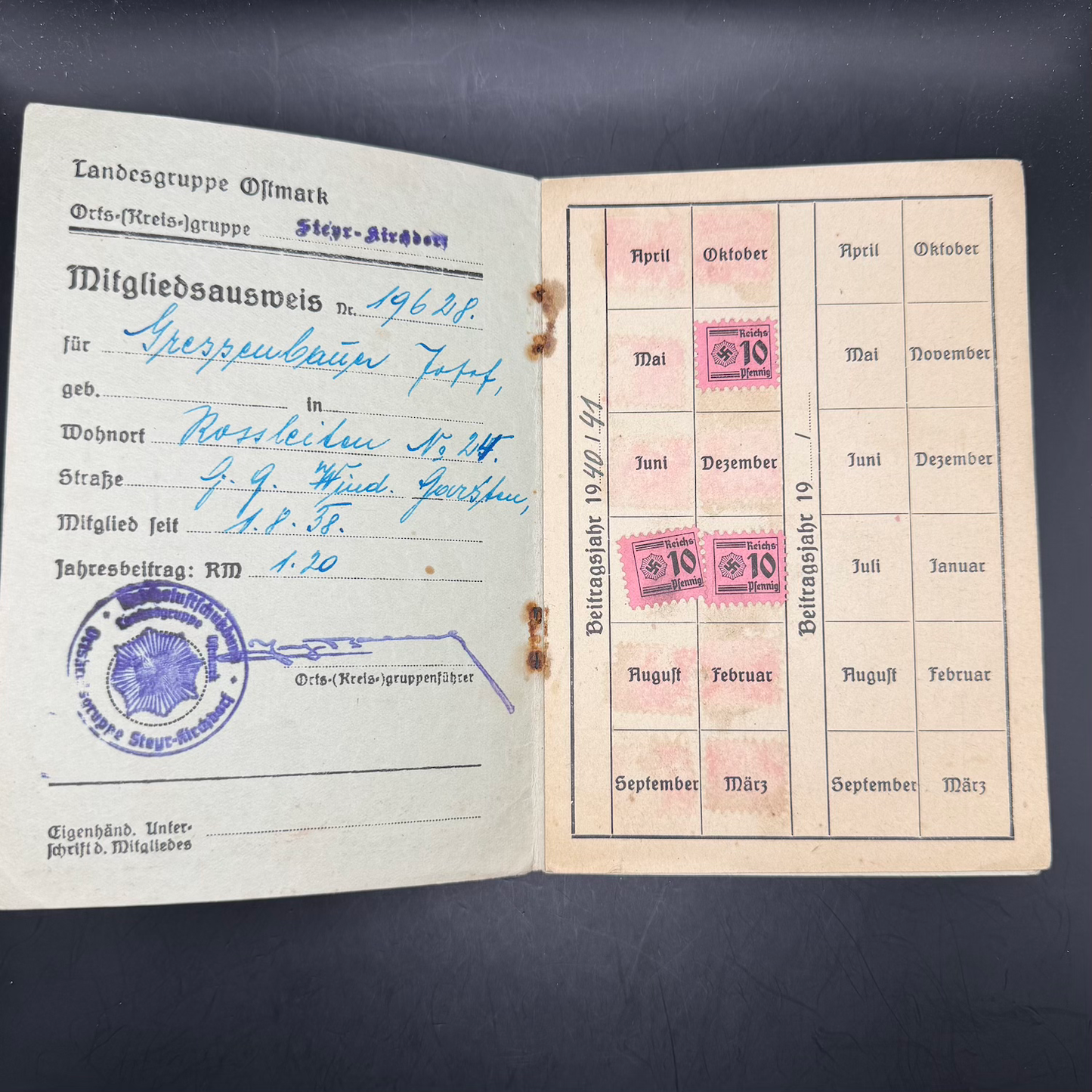 WW2 original artifact – Reichsluftschutzbund (RLB) Membership Book – Ortsgruppe Steyr-Kirchdorf (38–41) – interior detail