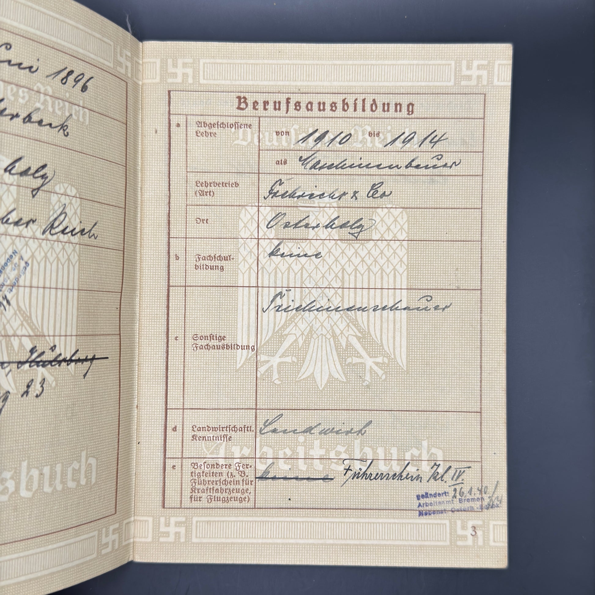 WW2 original artifact – Arbeitsbuch Farmer from Bremen – interior page