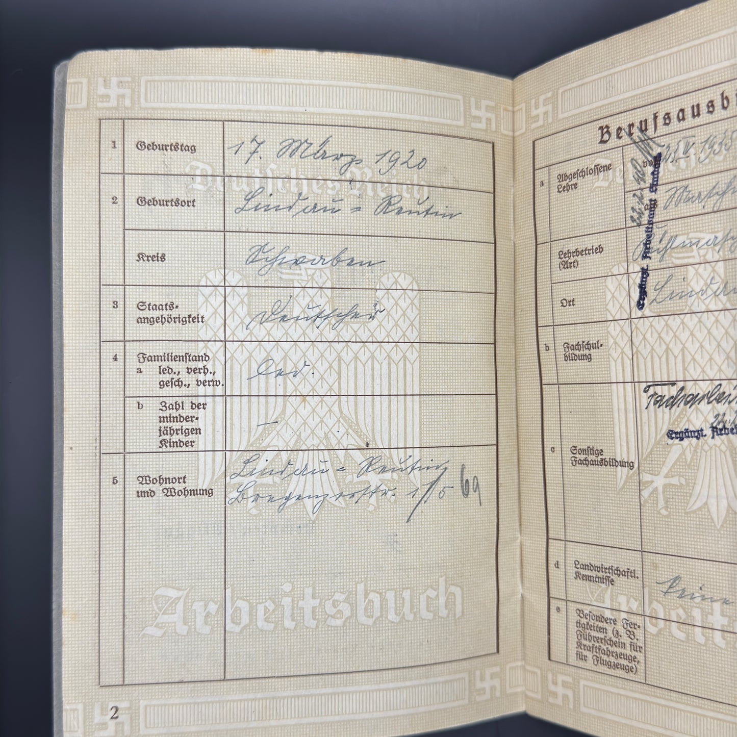 WW2 original artifact – Arbeitsbuch Locksmith – interior title page