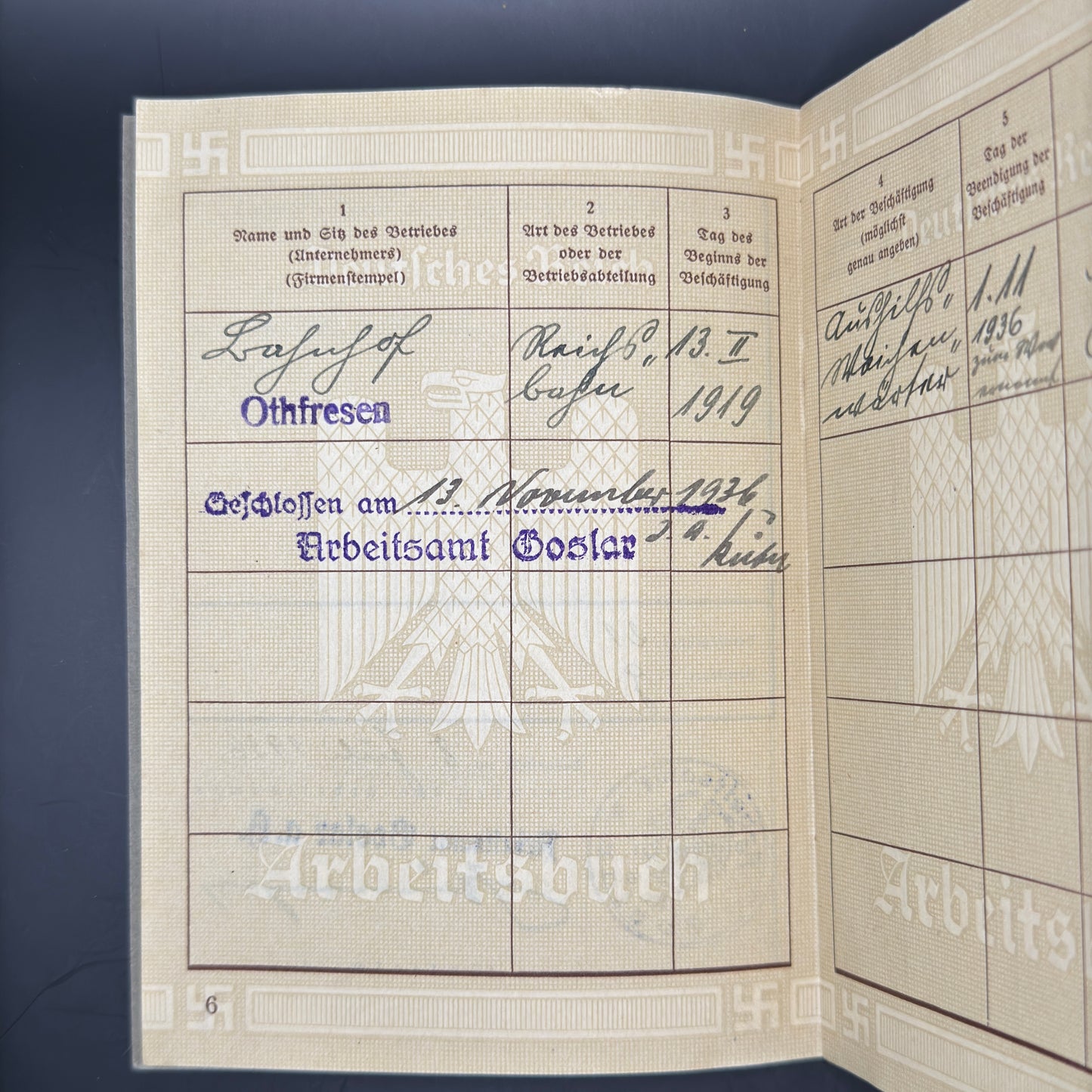 WW2 original artifact – Arbeitsbuch Waiter from Goslar – interior page