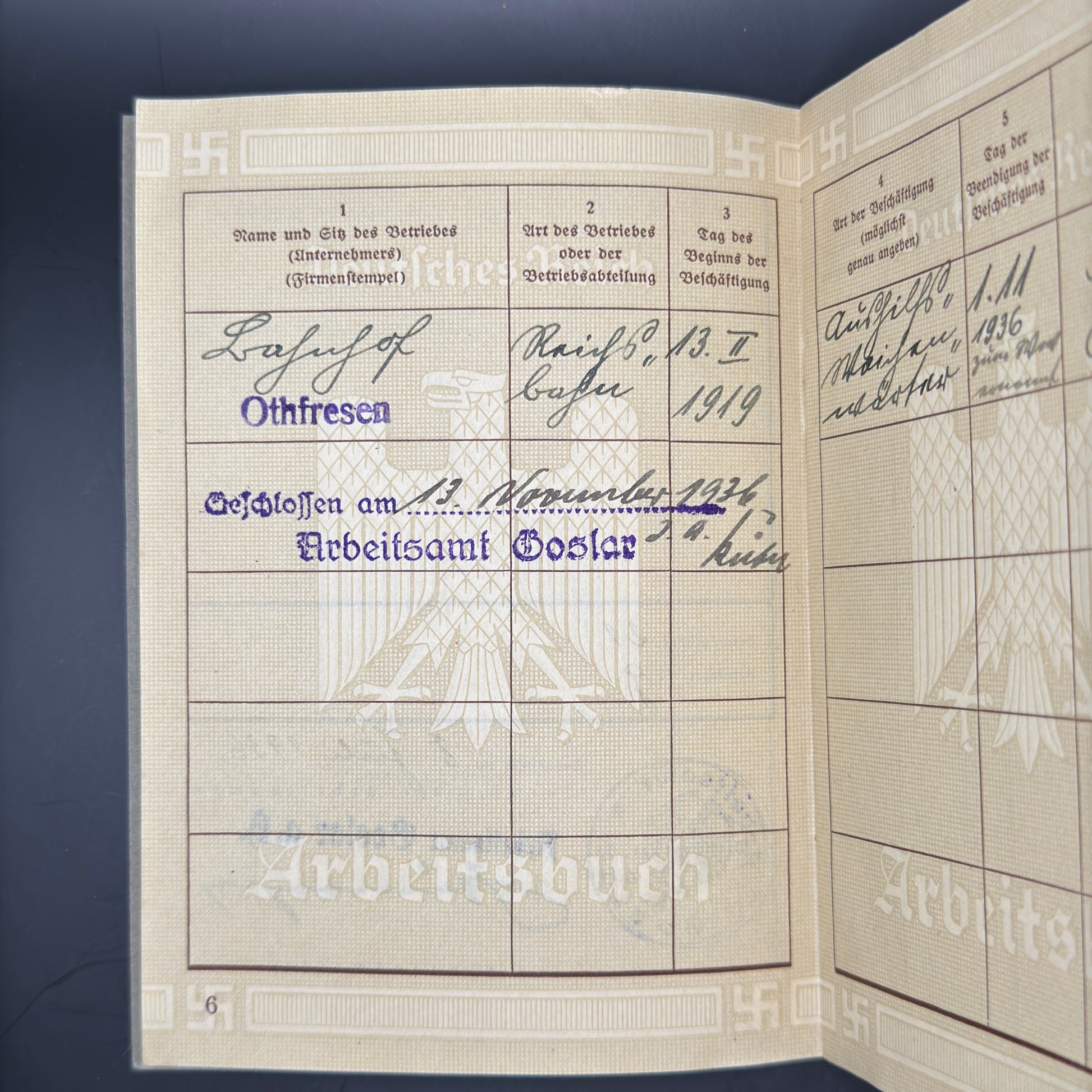 WW2 original artifact – Arbeitsbuch Waiter from Goslar – interior page