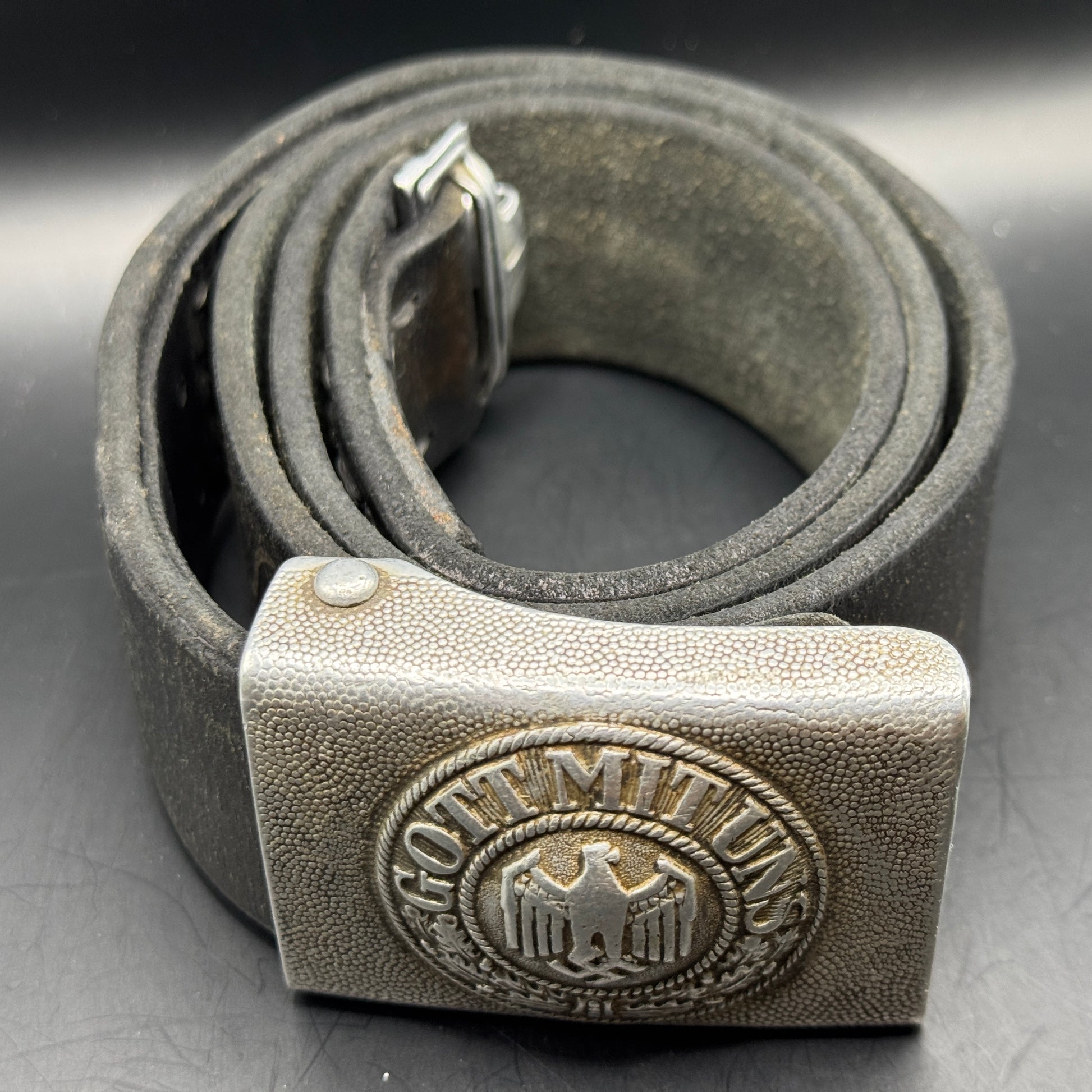 WW2 original artifact – Alumunium Heer Buckle with matching black belt – AxisArtifacts