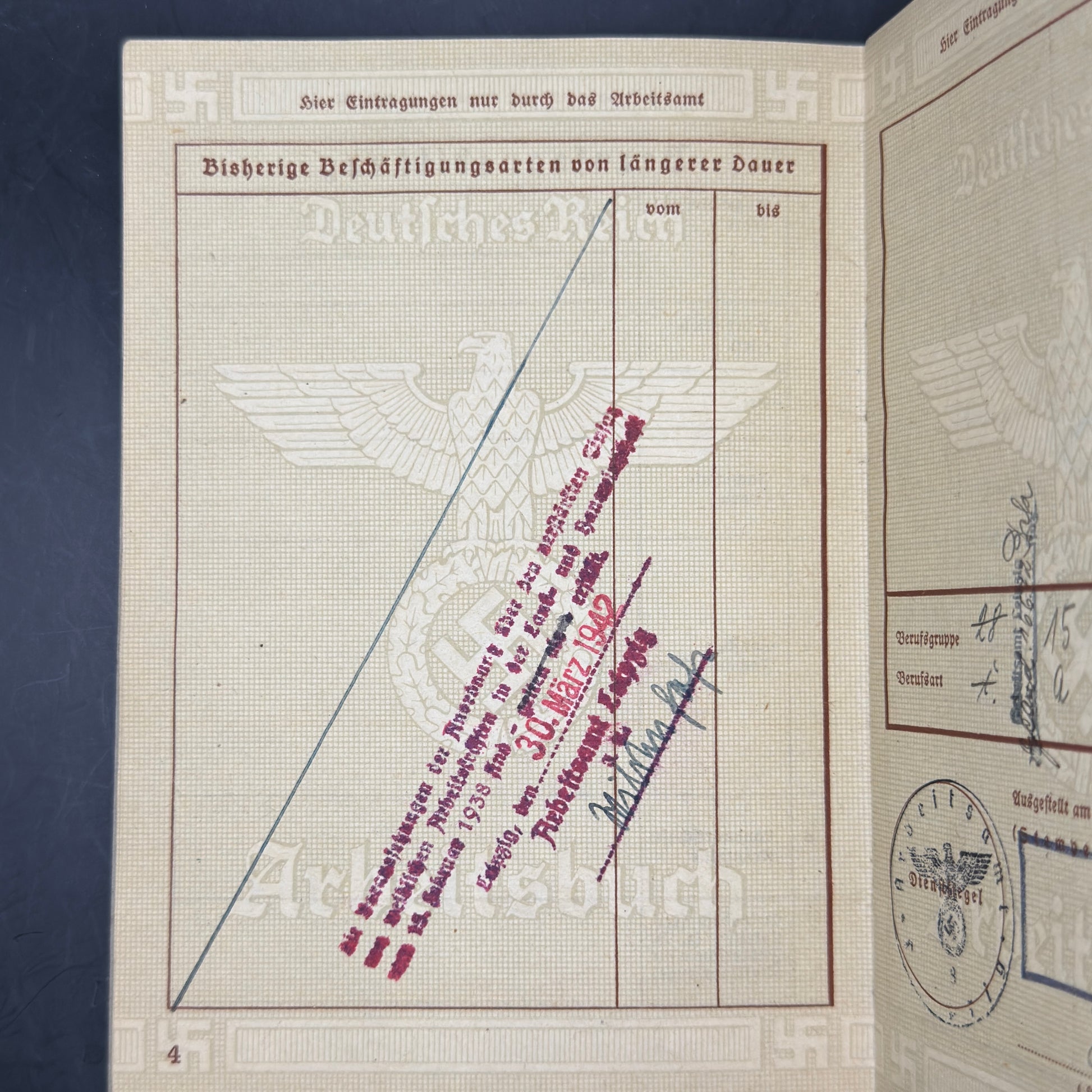 WW2 original artifact – Arbeitsbuch Friseur (Hairdresser) – interior page