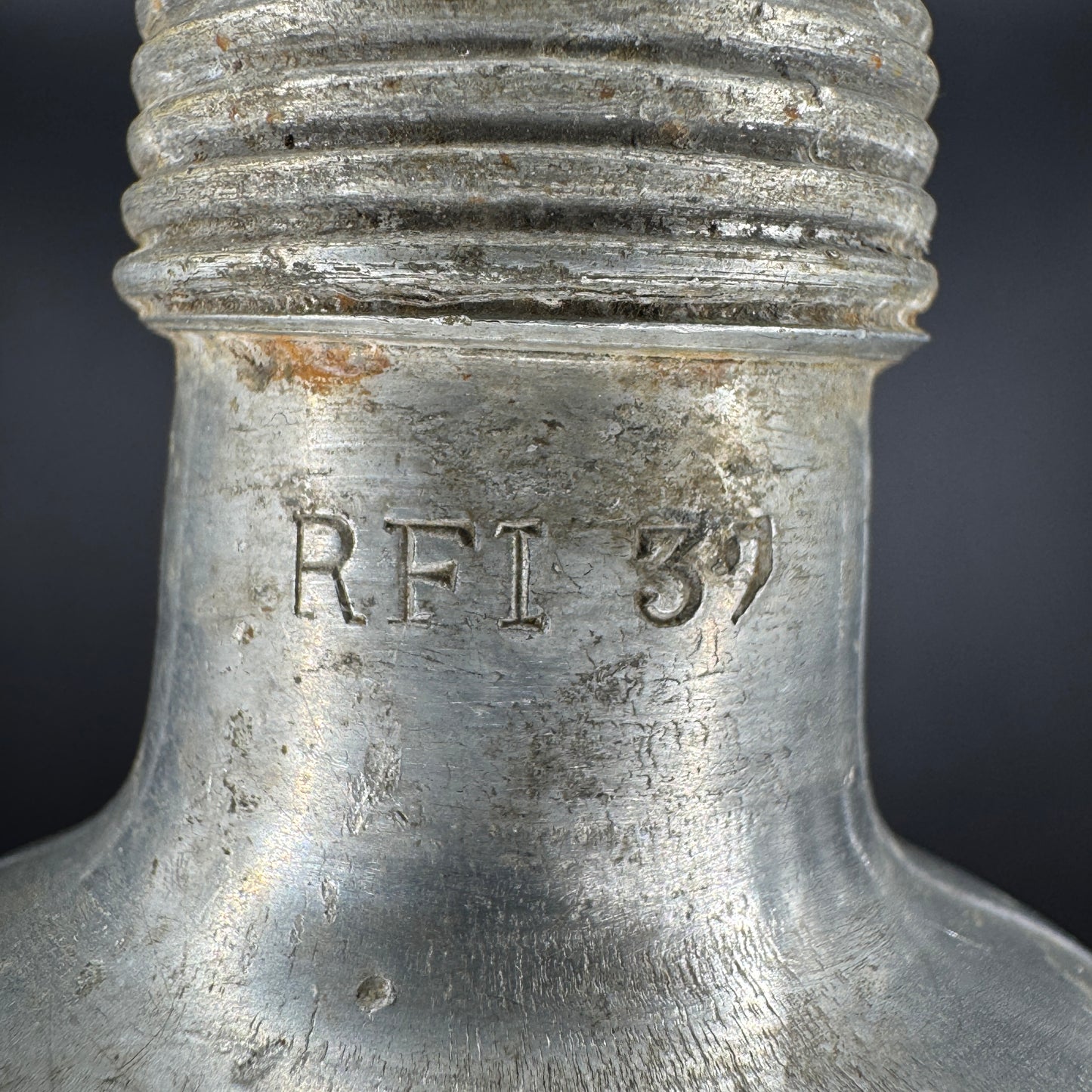 Close-up of screw neck on WWII German canteen, showing original wartime construction