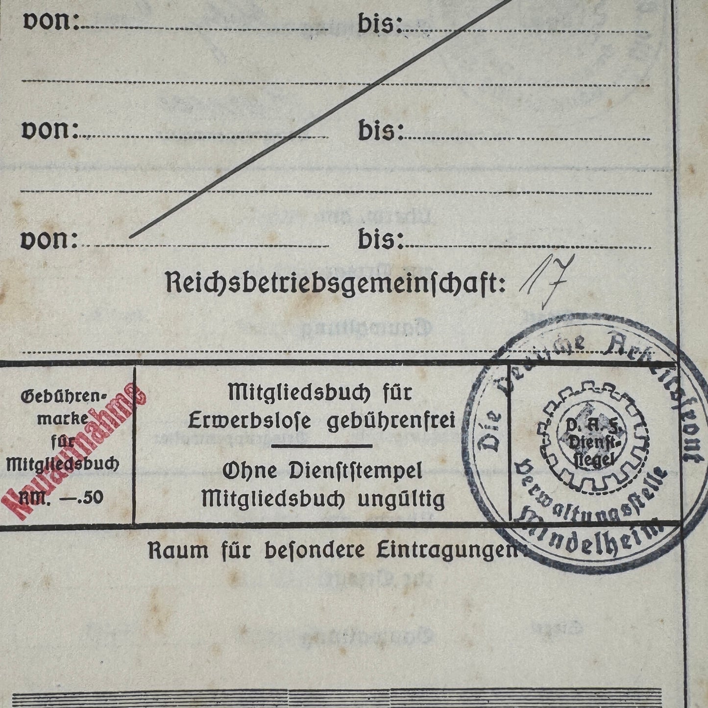 WW2 original artifact – Duetsche Arbeitsfront Mitgliedbuch Walli Pfänder – interior page