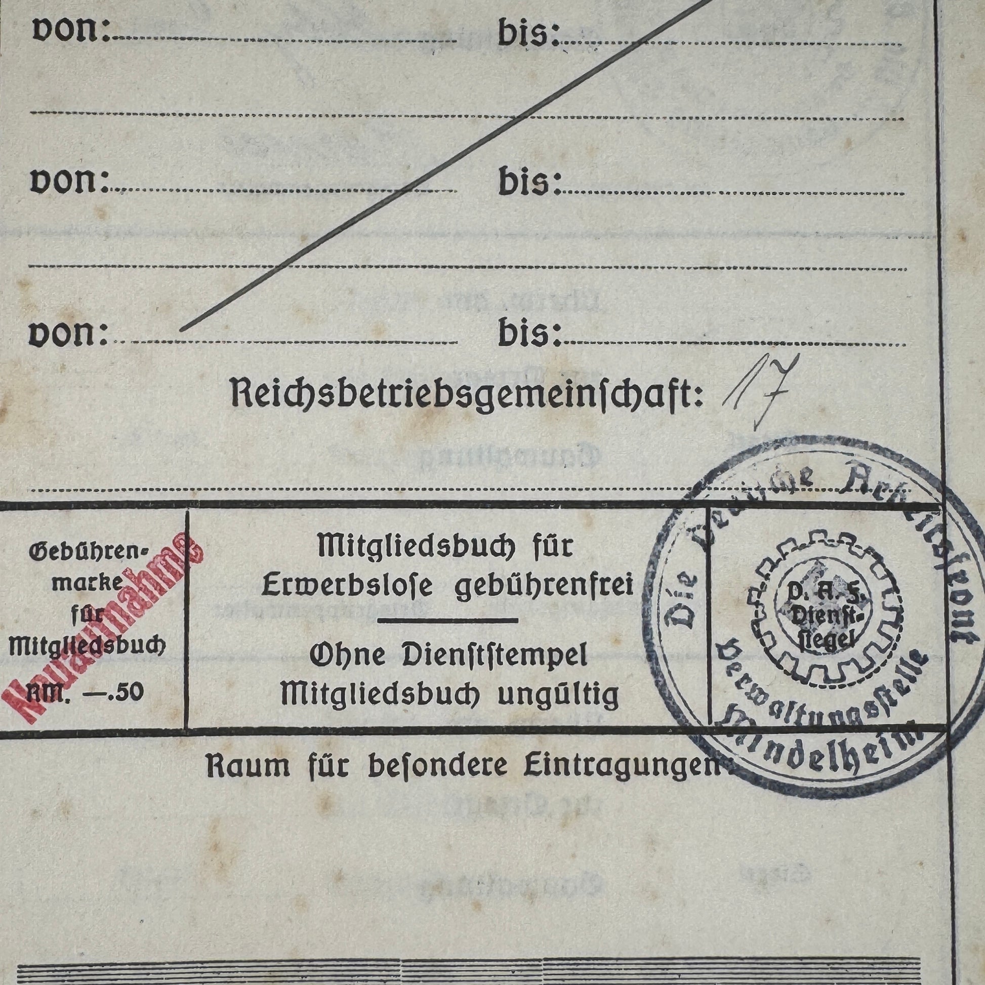 WW2 original artifact – Duetsche Arbeitsfront Mitgliedbuch Walli Pfänder – interior page
