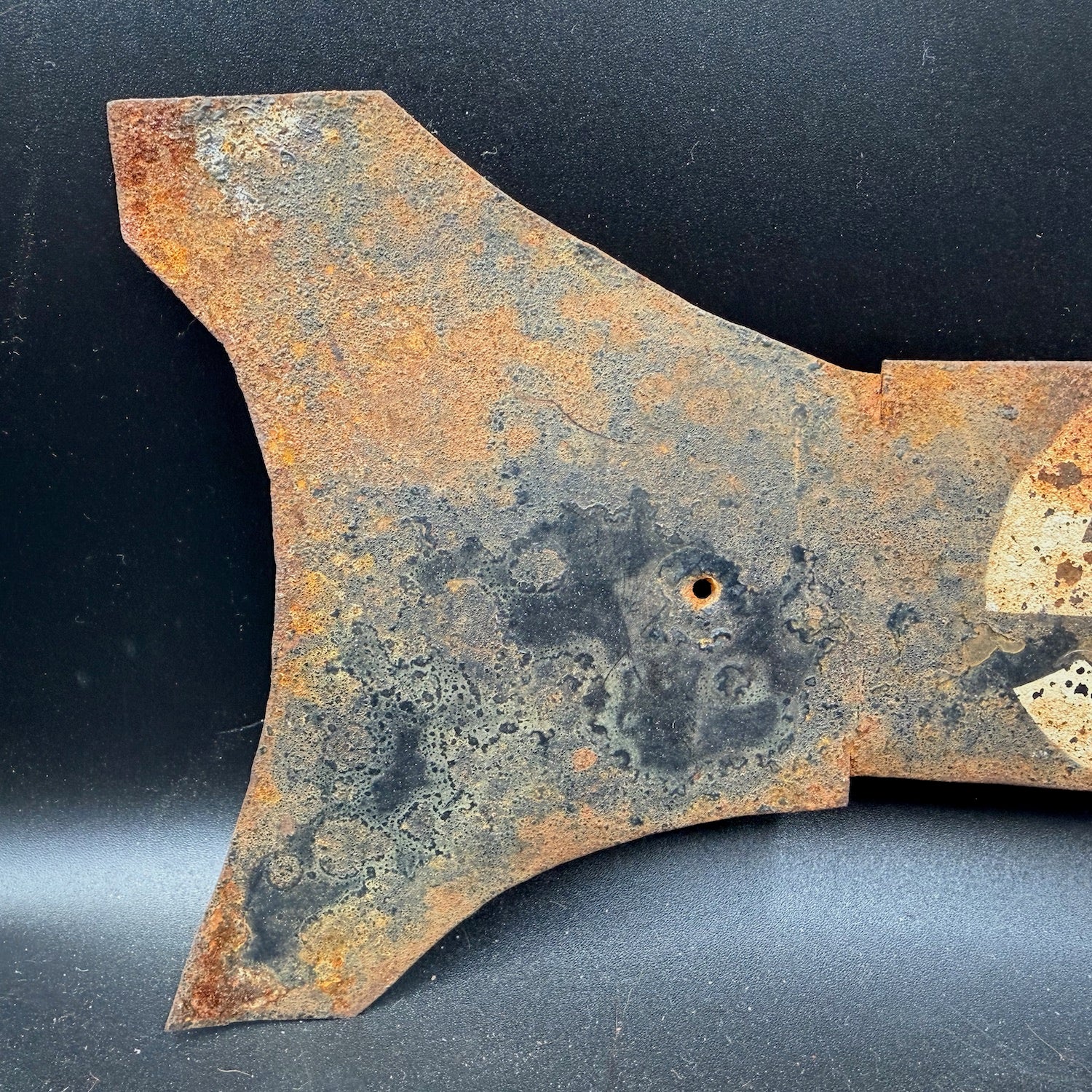 Rear view of WW2 SS Wiking steel direction sign, showing original mounting holes and wartime wear