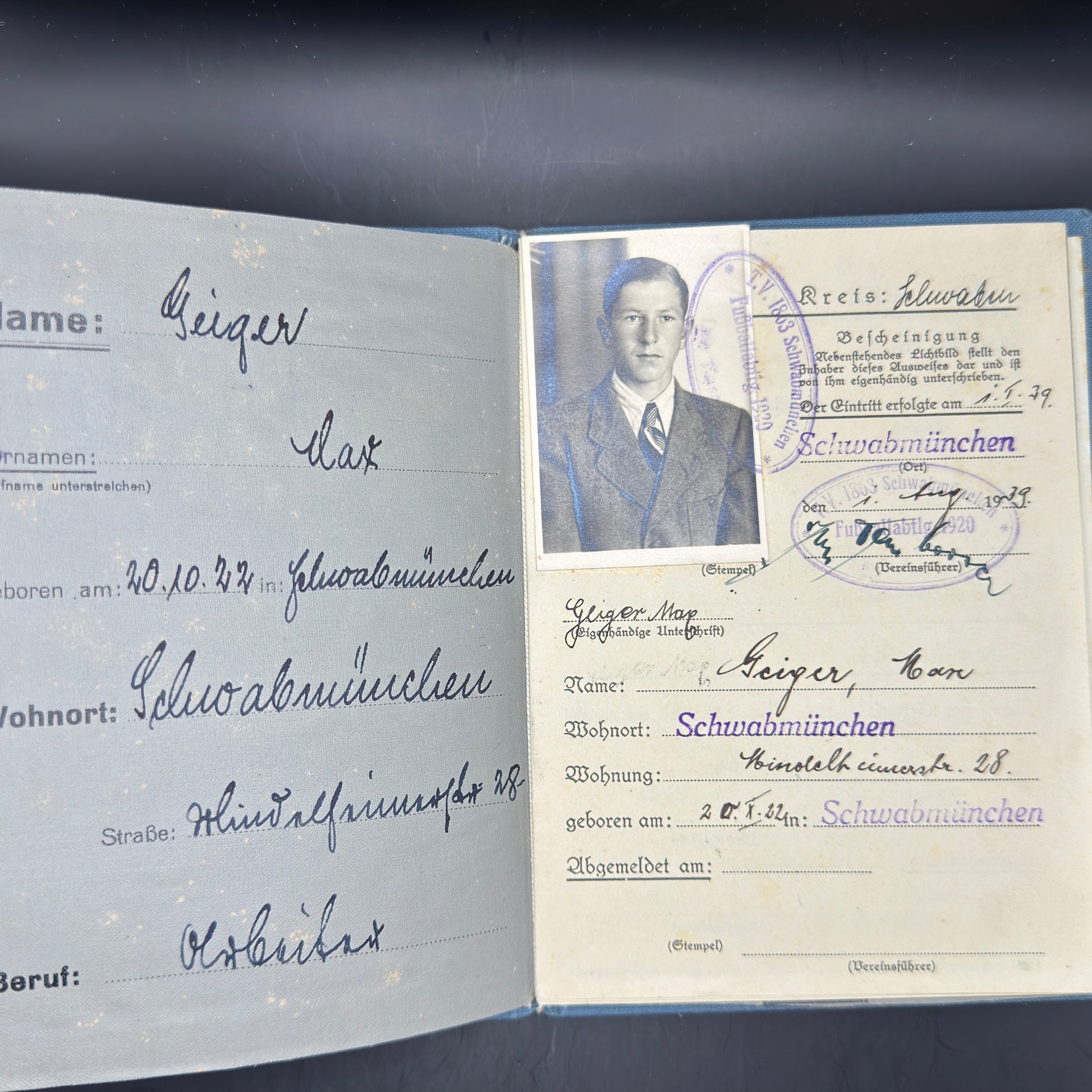 WW2 original artifact – RARE! Kennkarte and Sportpass from 1 person (fallen 1942) – interior page