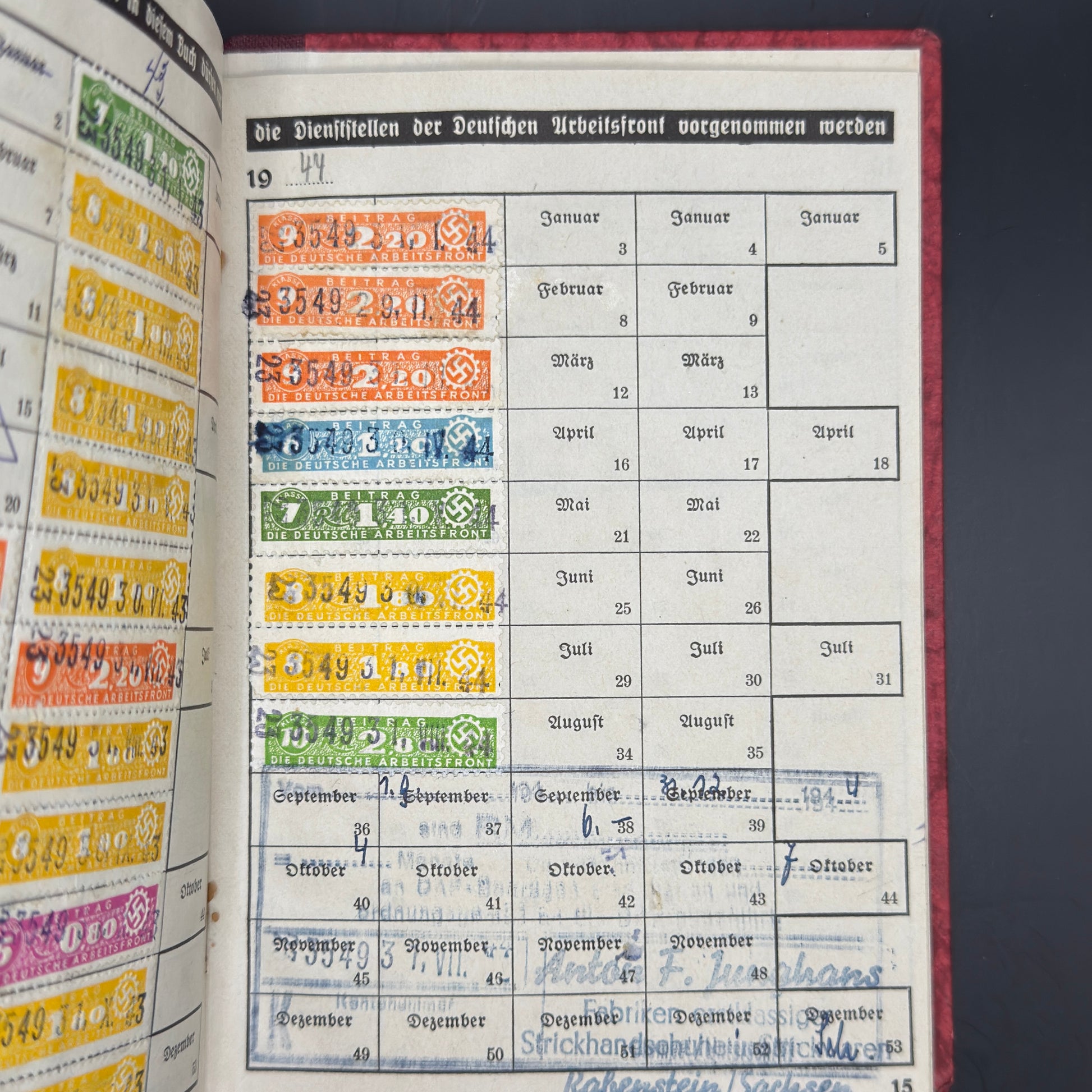 WW2 original artifact – German Labour Front member book – interior page