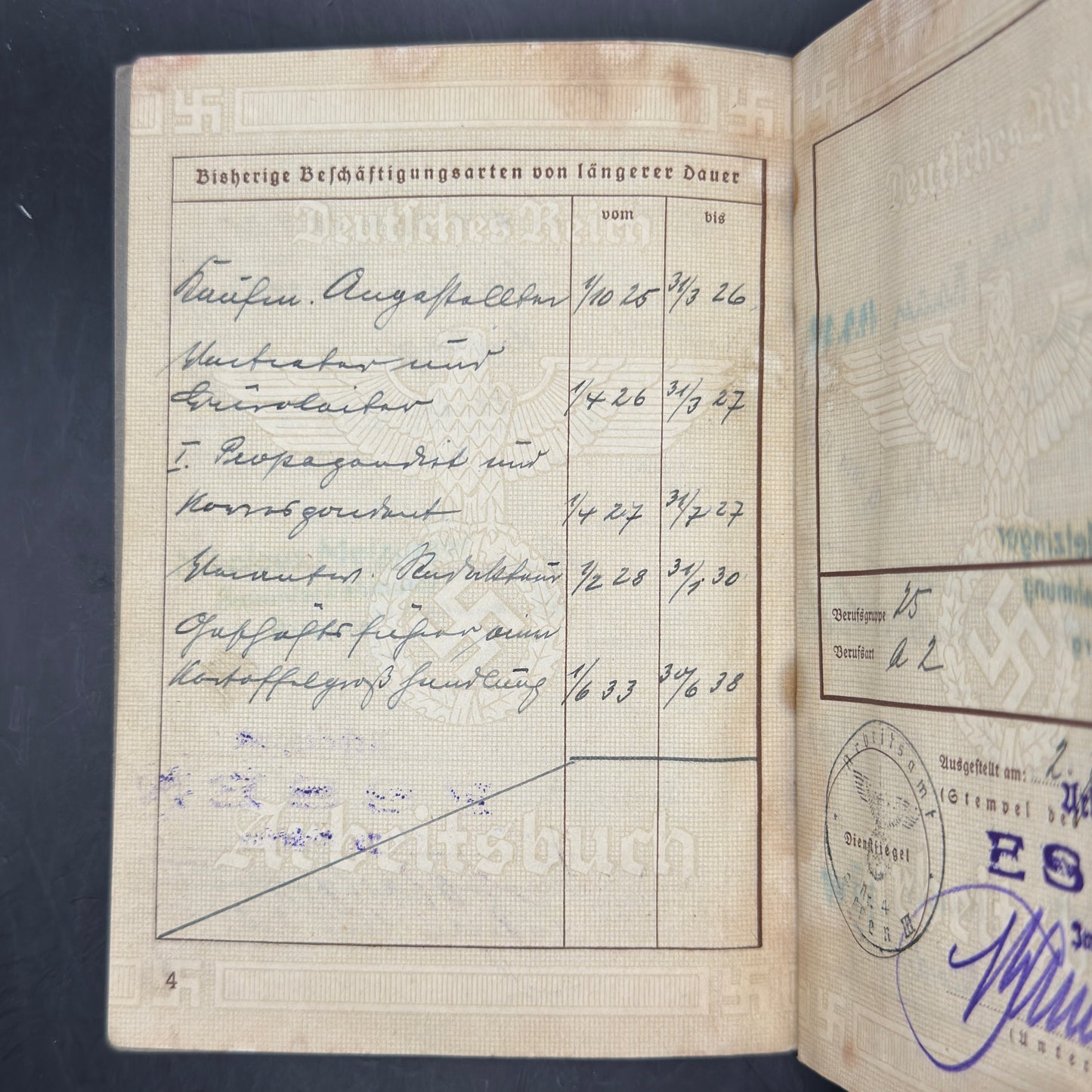 WW2 original artifact – Arbeitsbuch Flakkaserne Essen-Kupferdreh – interior page