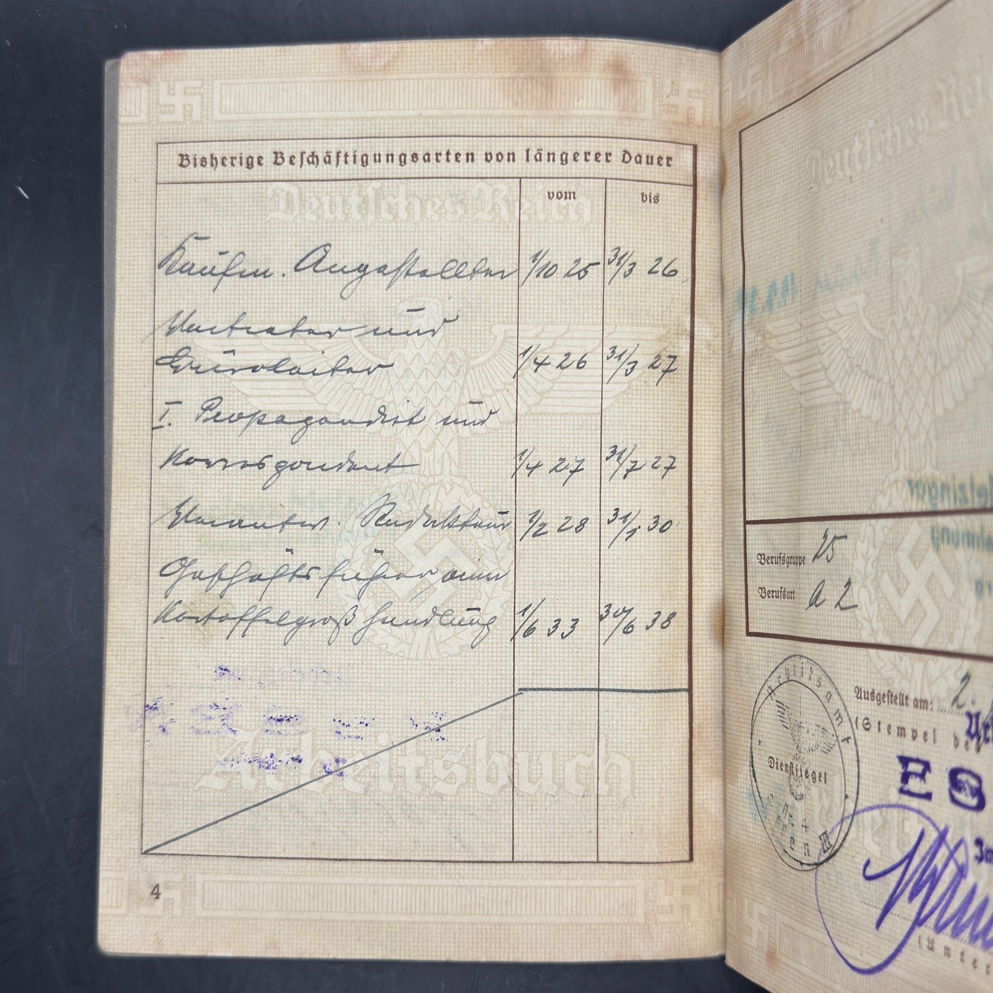 WW2 original artifact – Arbeitsbuch Flakkaserne Essen-Kupferdreh – interior page