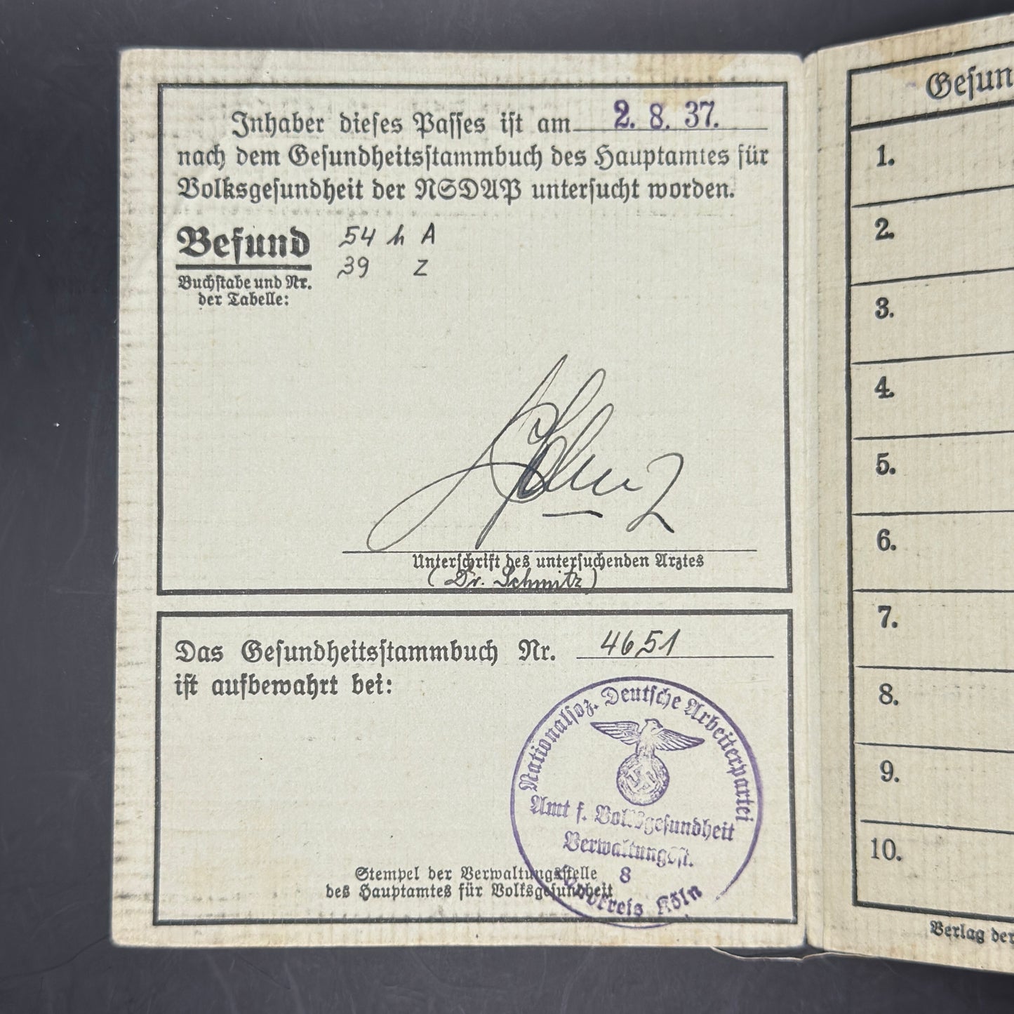 WW2 original artifact – Complete set Ahnenpass, Arbeitsbuch, Gesundheitspass, Arbeitsfront from 1 person – interior detail
