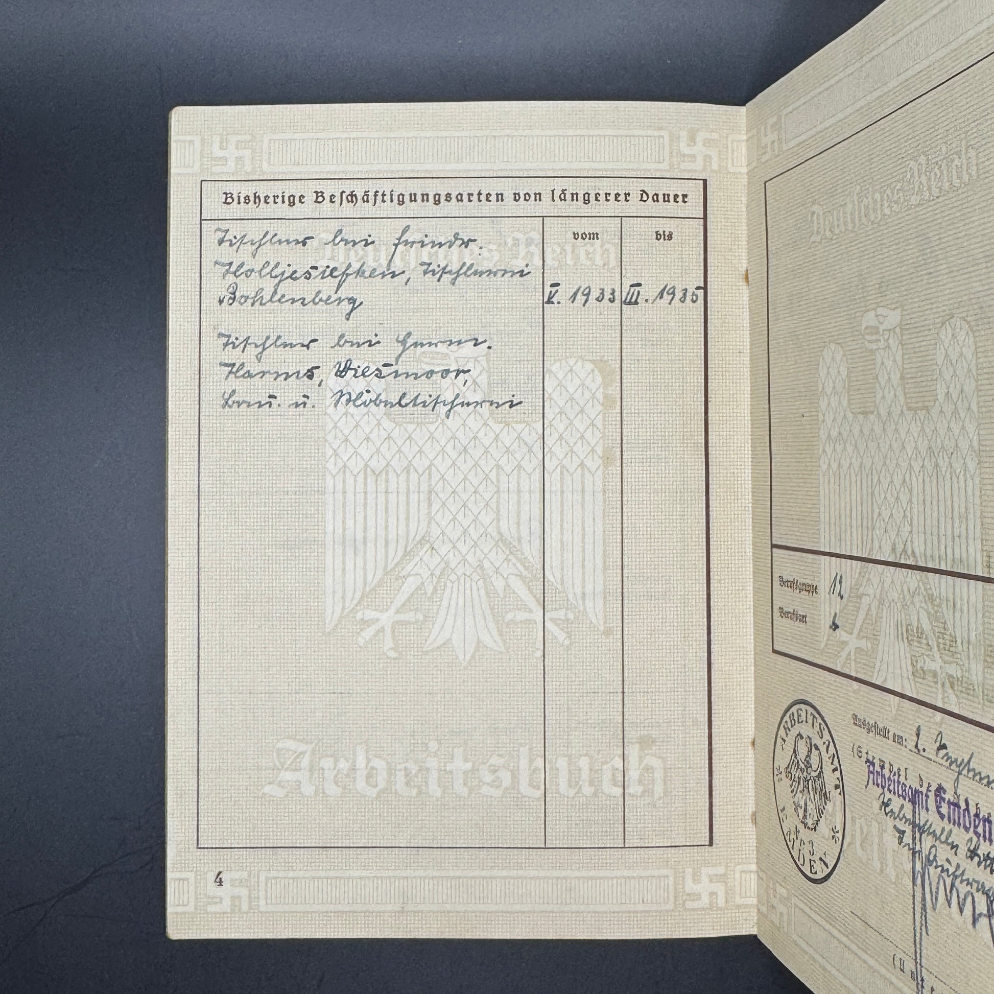 WW2 original artifact – Arbeitsbuch aus Emden – interior page