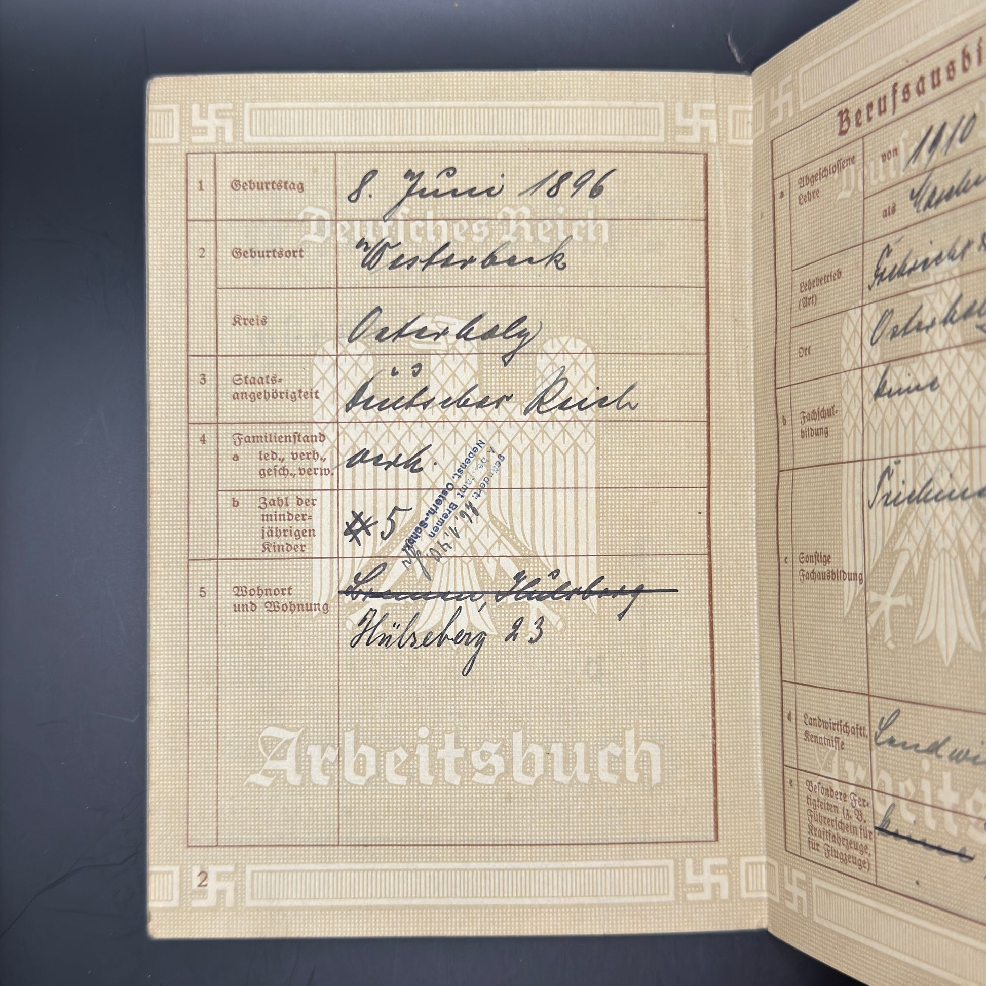 WW2 original artifact – Arbeitsbuch Farmer from Bremen – interior title page