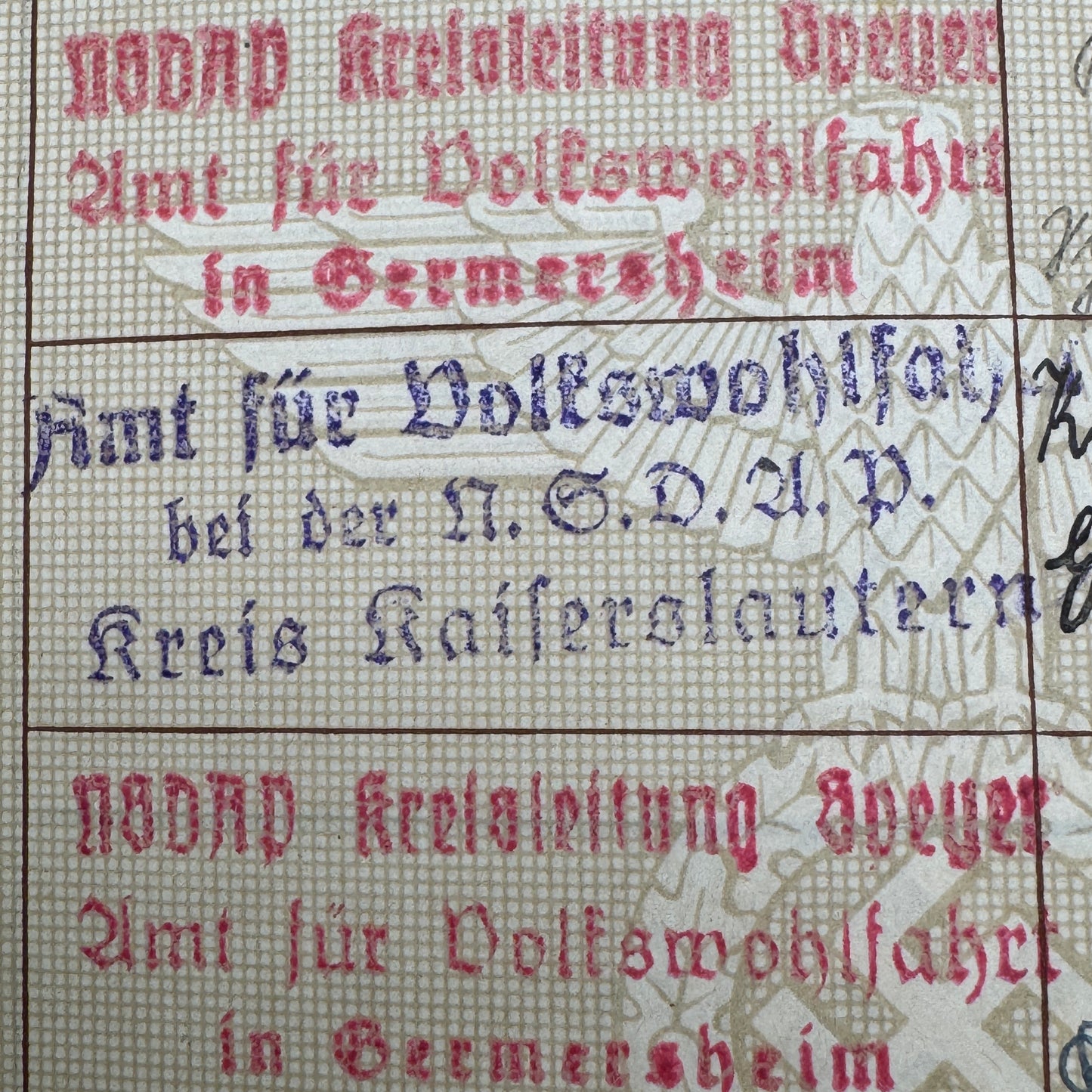 WW2 original artifact – Arbeitsbuch + Ausweiskarte Kindergärtnerin NSDAP – interior page