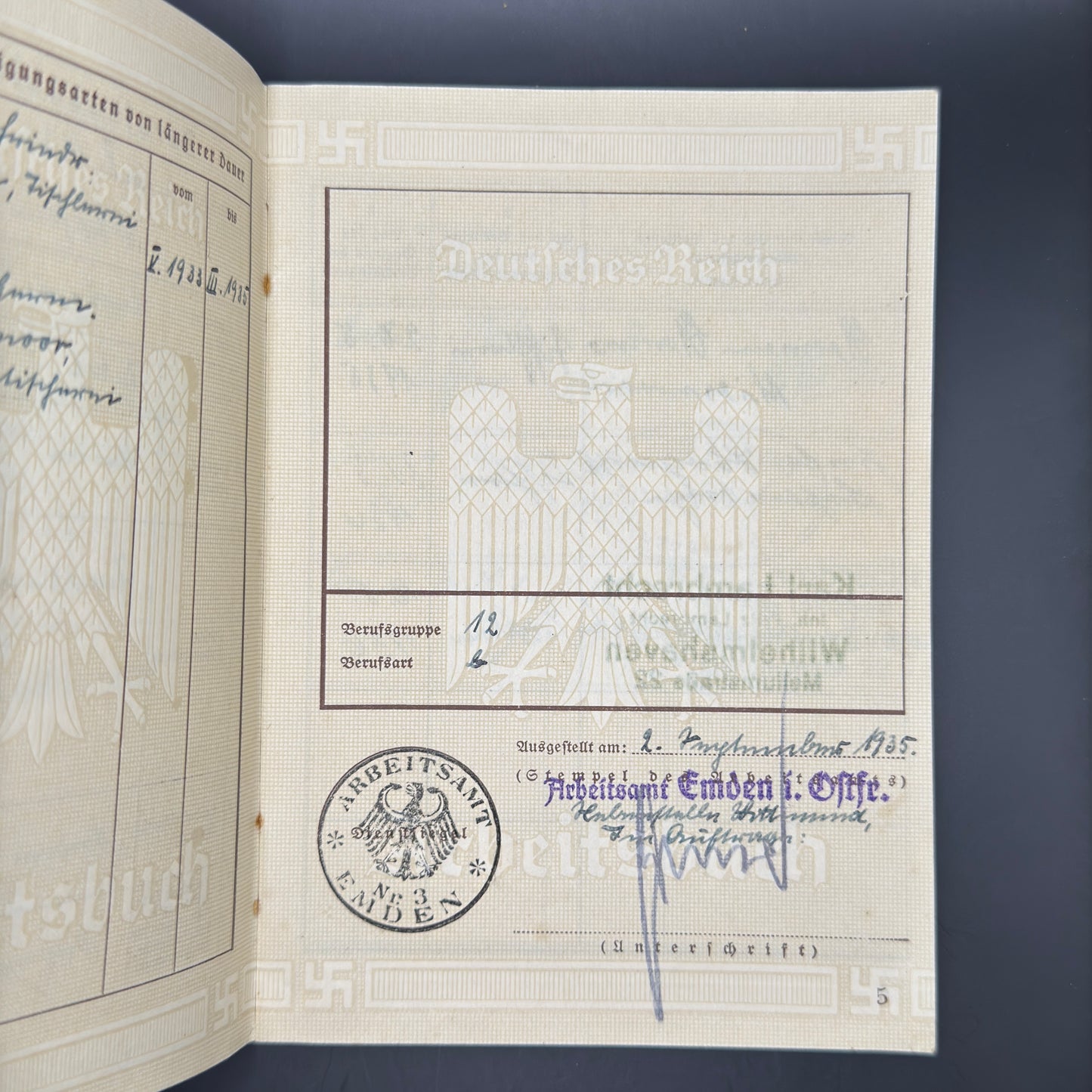 WW2 original artifact – Arbeitsbuch aus Emden – interior page