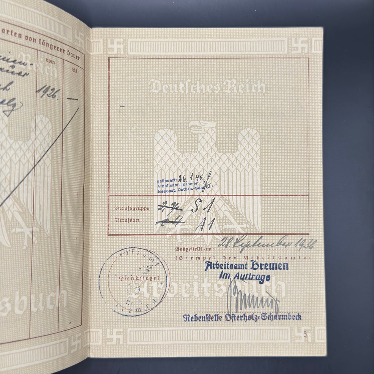 WW2 original artifact – Arbeitsbuch Farmer from Bremen – interior page