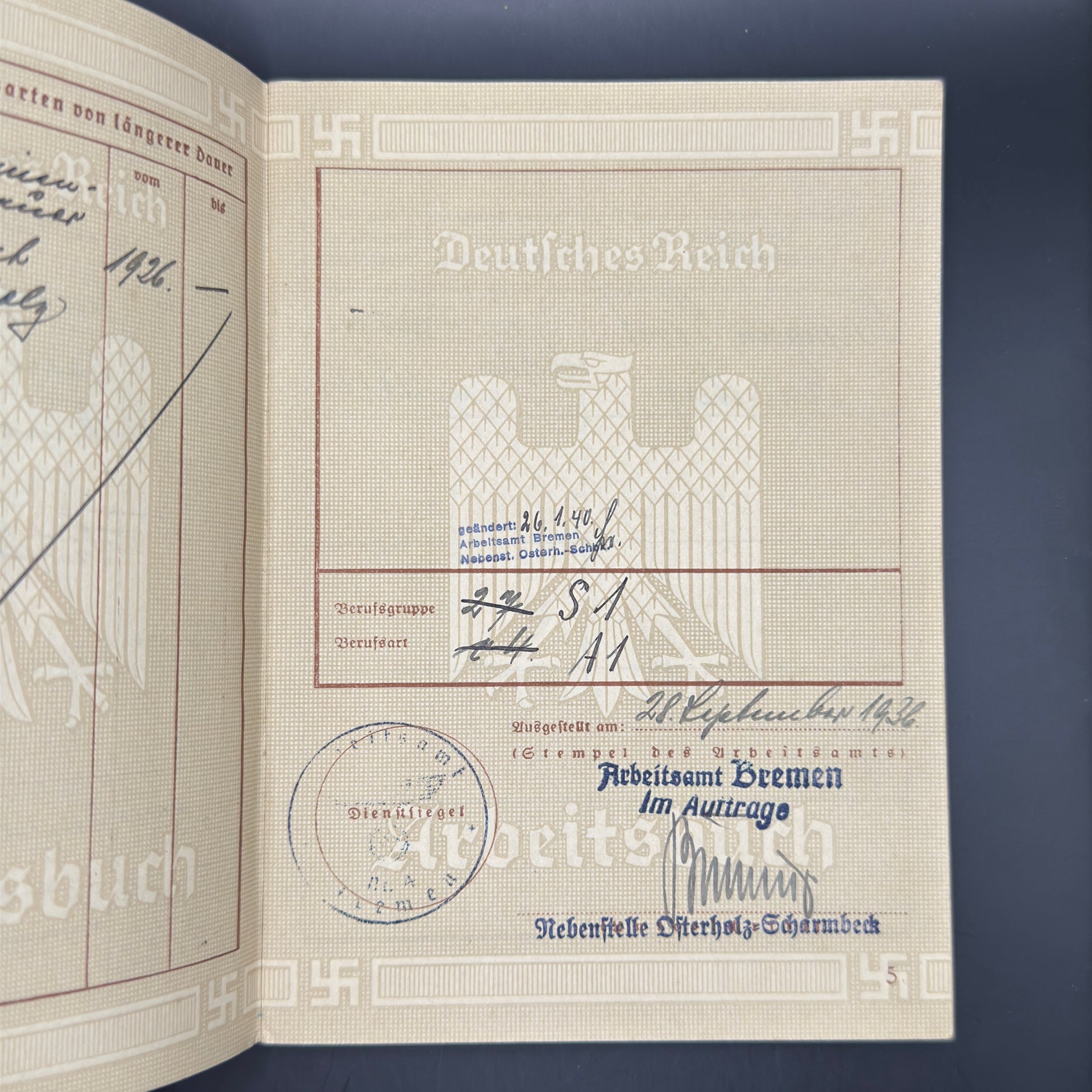 WW2 original artifact – Arbeitsbuch Farmer from Bremen – interior page