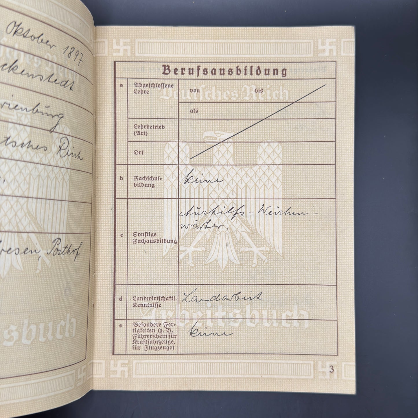 WW2 original artifact – Arbeitsbuch Waiter from Goslar – interior page