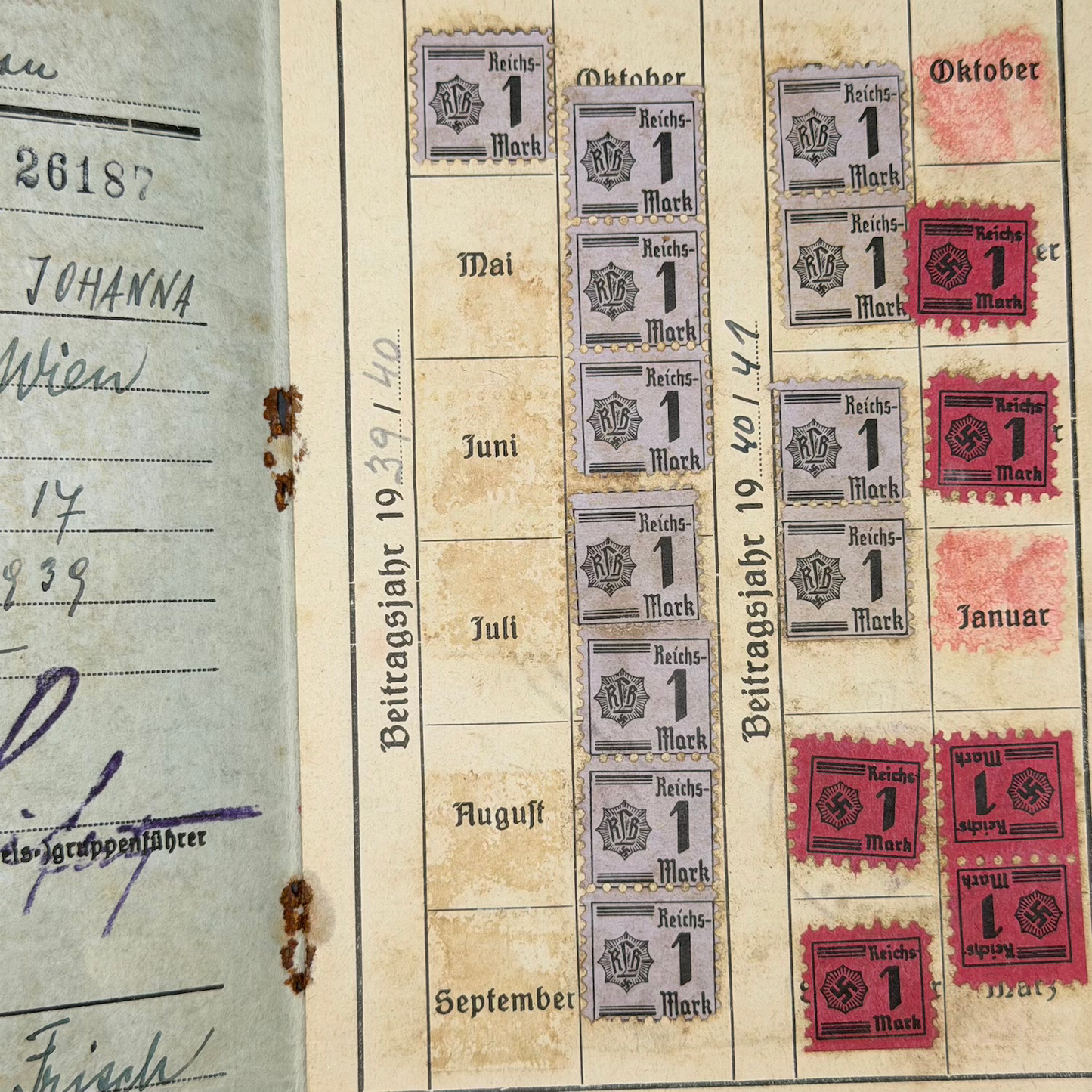 WW2 original artifact – Reichsluftschutzbund (RLB) Membership Booklet (Austria 1939–1944) – interior page