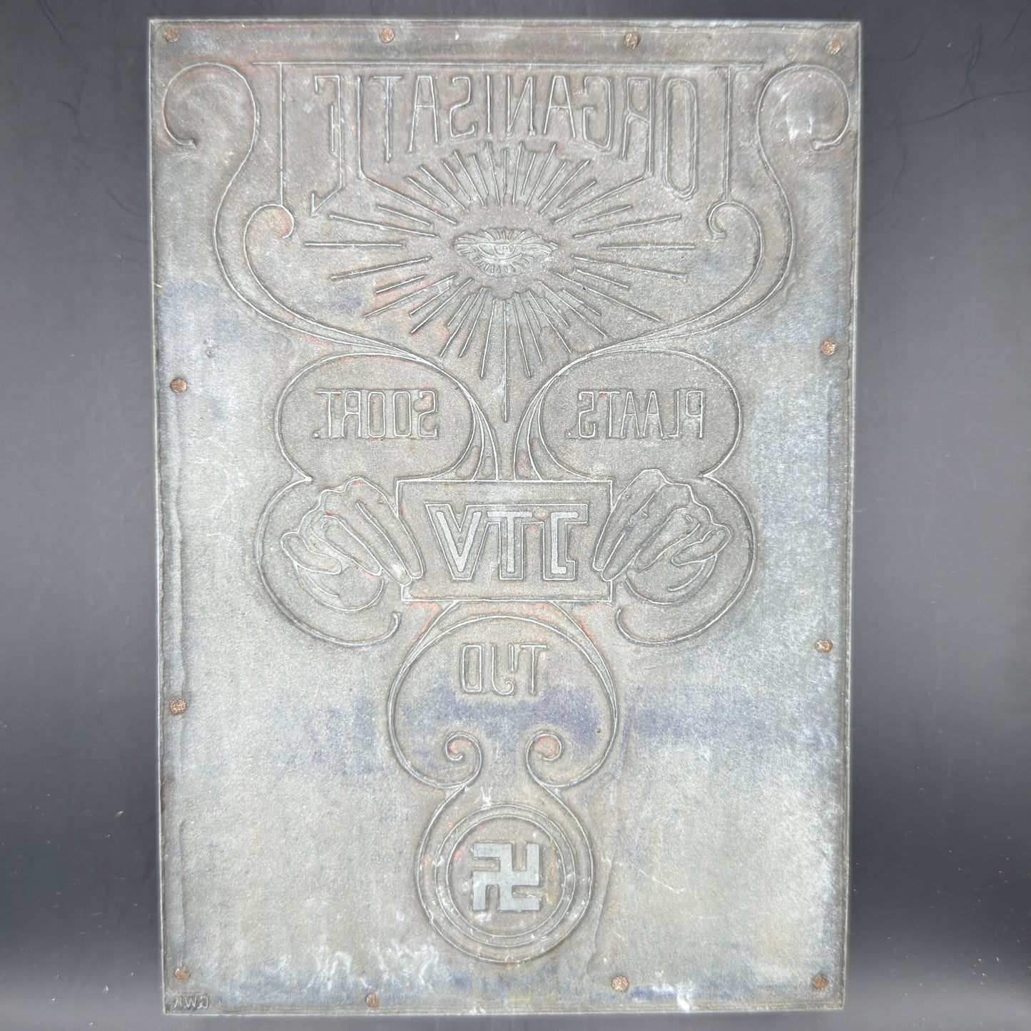 Original WWII Dutch National Socialist propaganda printing plate, letterpress cliché marked JTV with swastika, used for organisational announcements