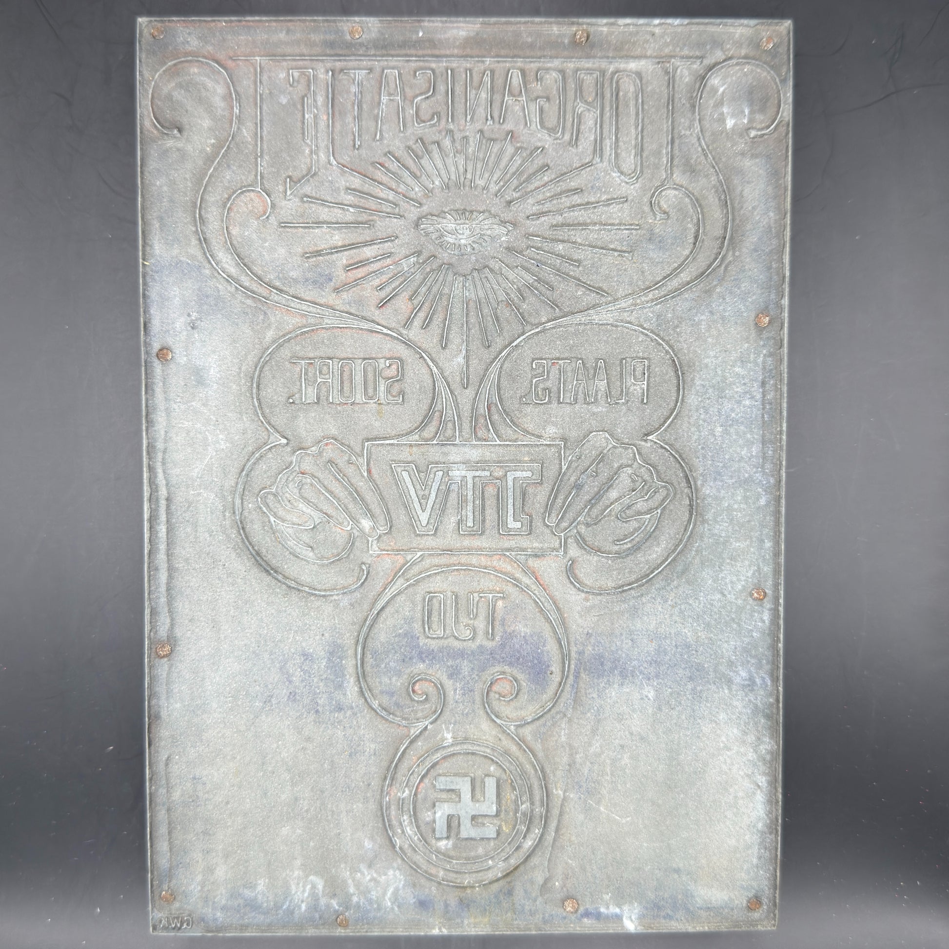 Original WWII Dutch National Socialist propaganda printing plate, letterpress cliché marked JTV with swastika, used for organisational announcements