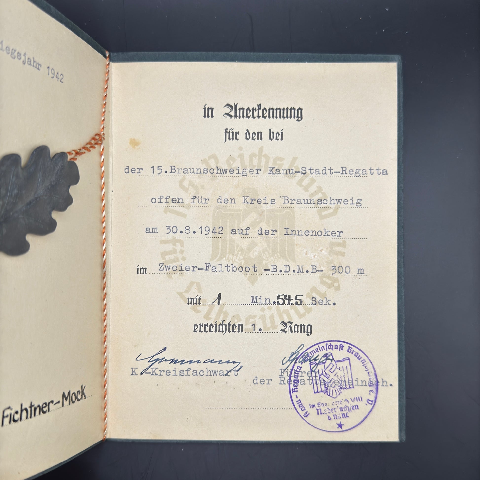 WW2 original artifact – German NSRL Sports Certificate – interior page