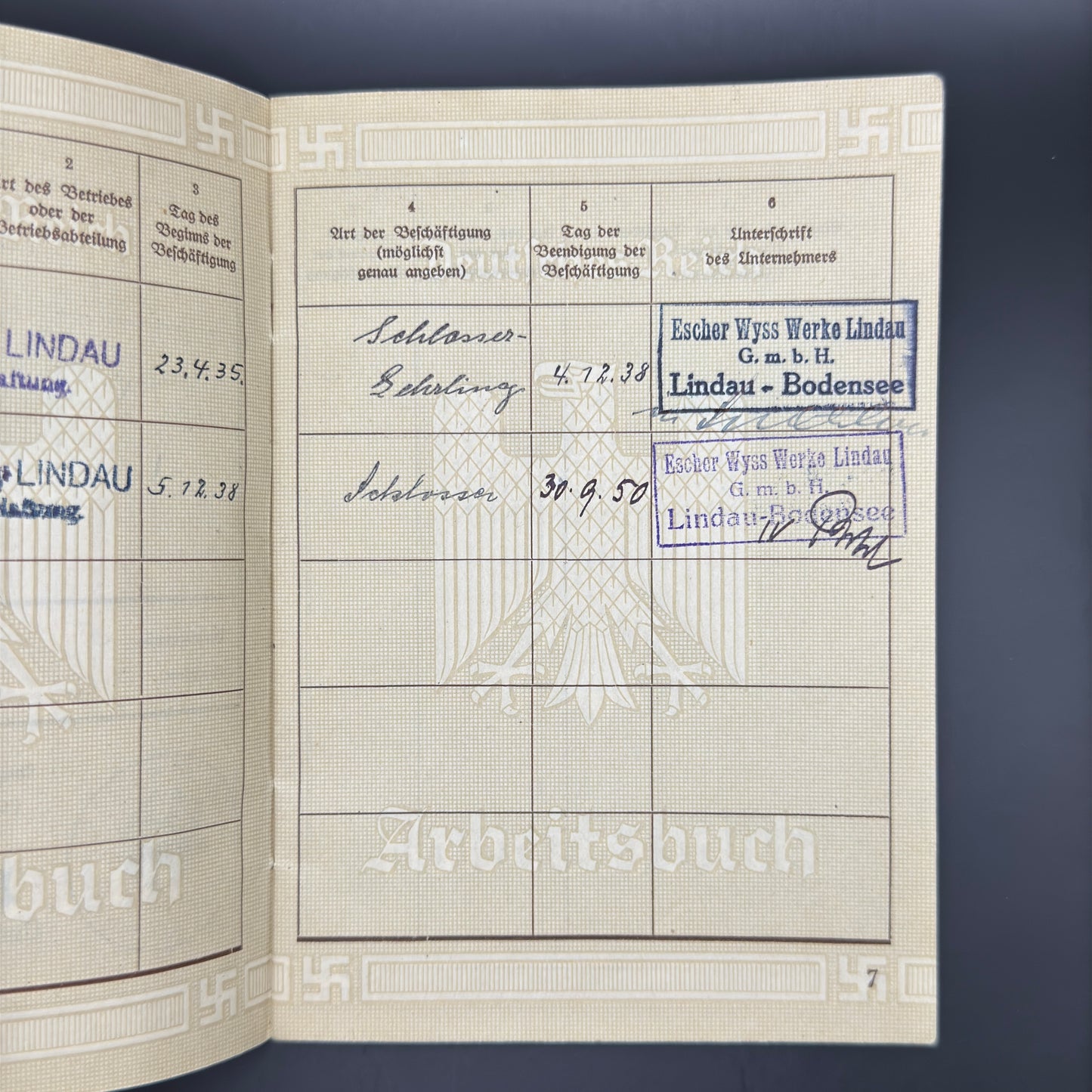 WW2 original artifact – Arbeitsbuch Locksmith – interior page