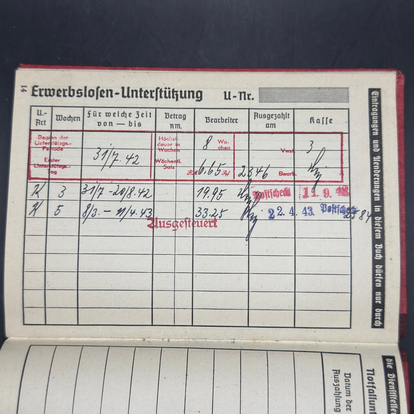 WW2 original artifact – Die Deutsche Arbeitsfront Mitgliedbuch Flugmotorenwerke – interior page
