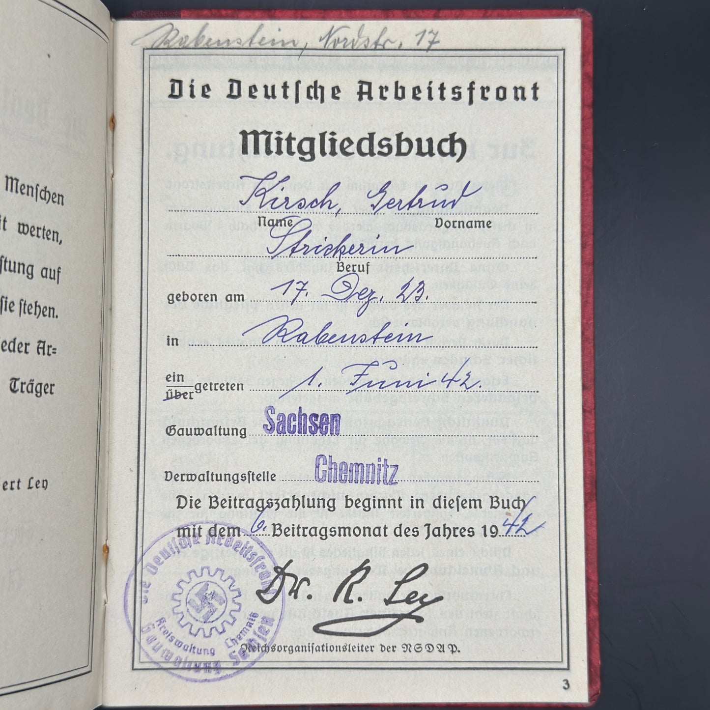 WW2 original artifact – German Labour Front member book – interior page