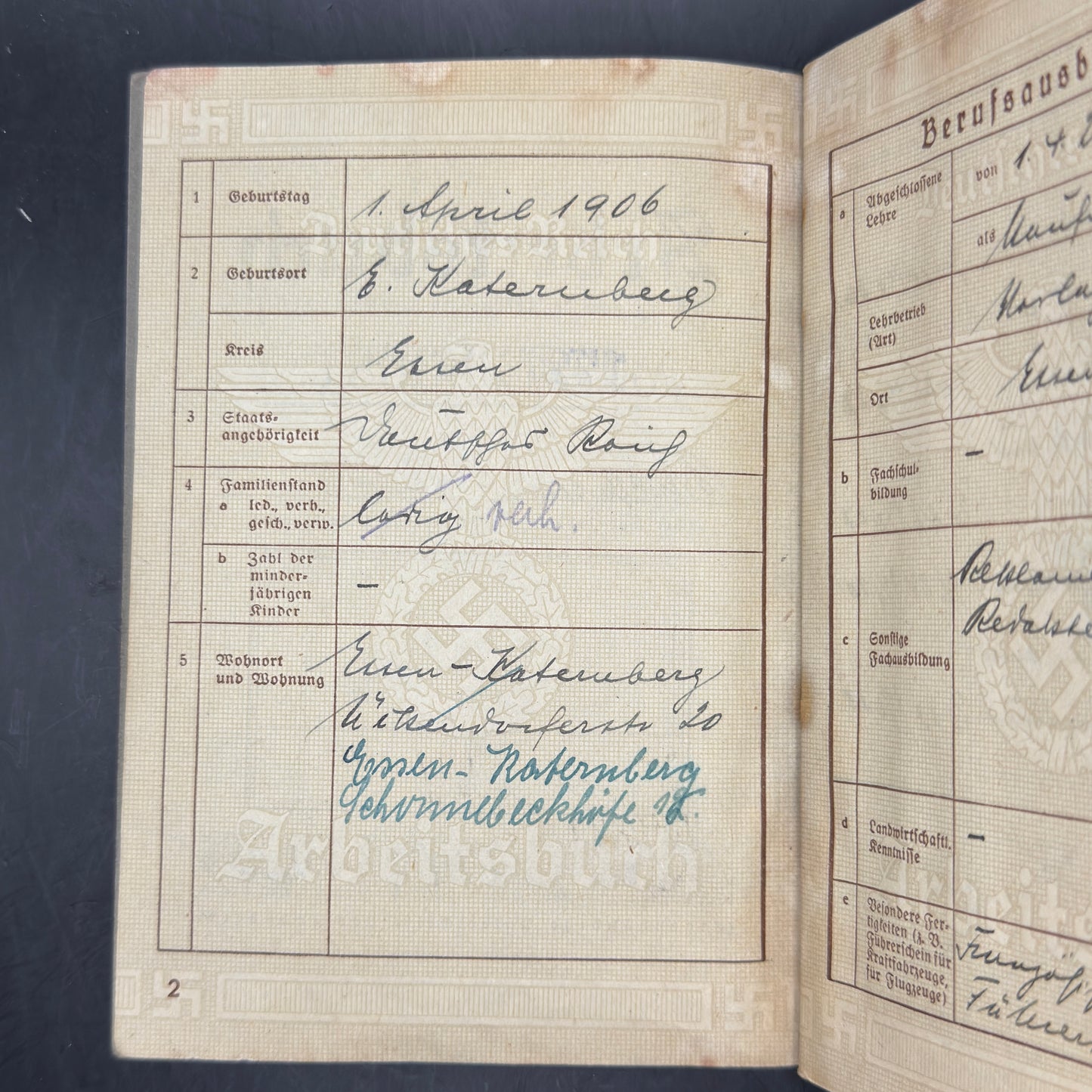 WW2 original artifact – Arbeitsbuch Flakkaserne Essen-Kupferdreh – interior title page