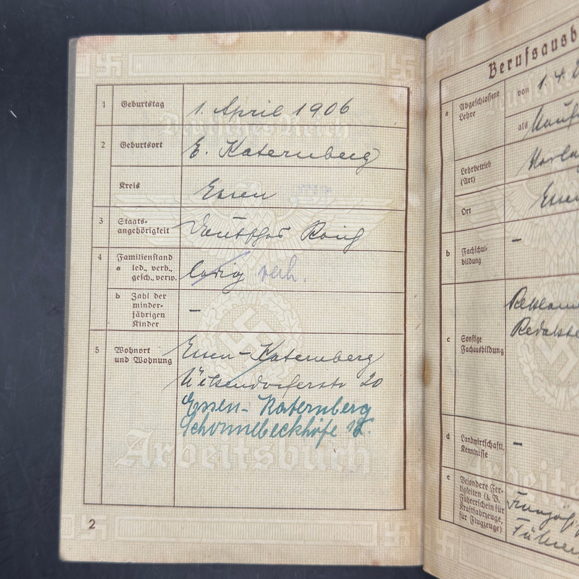 WW2 original artifact – Arbeitsbuch Flakkaserne Essen-Kupferdreh – interior title page