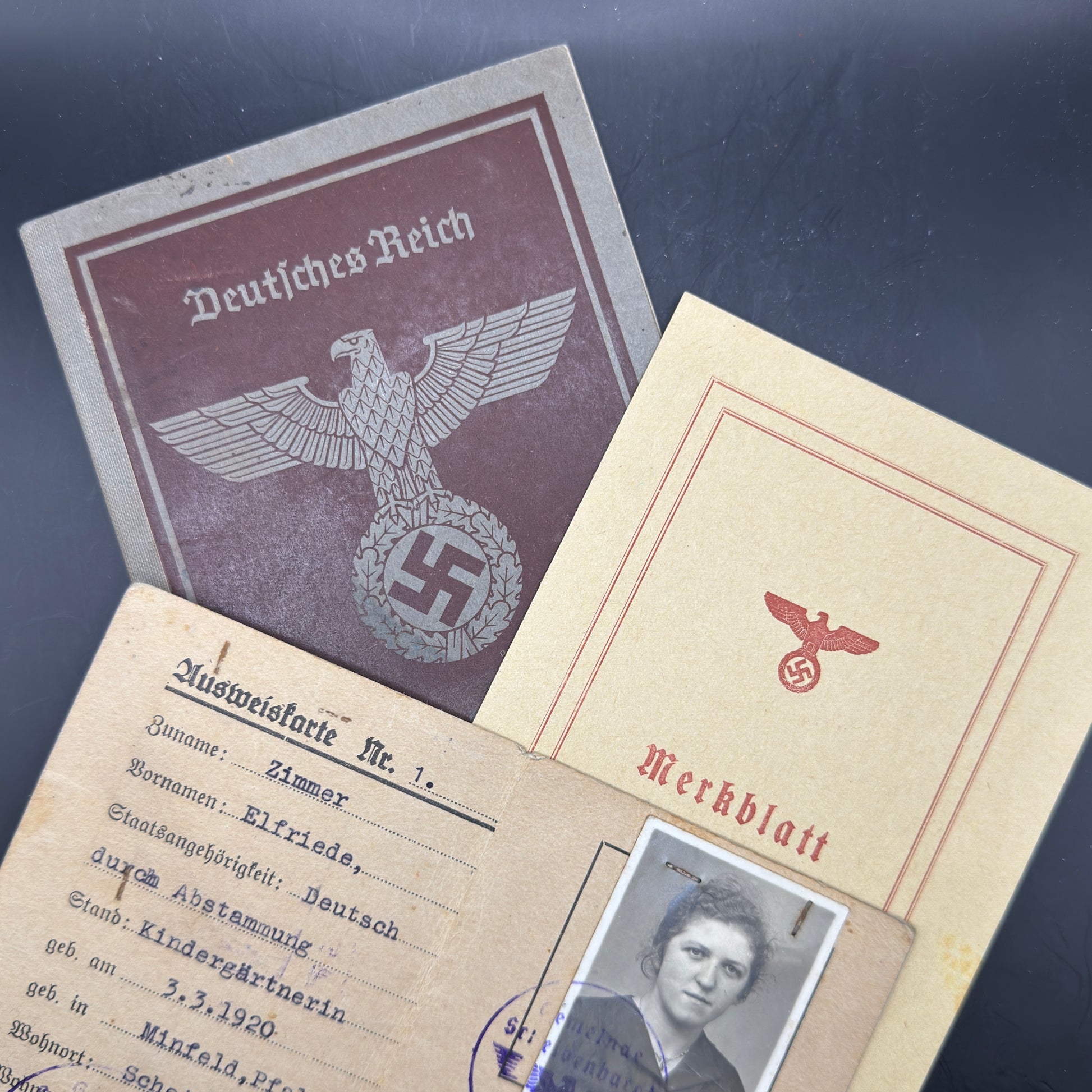 WW2 original artifact – Arbeitsbuch + Ausweiskarte Kindergärtnerin NSDAP – AxisArtifacts